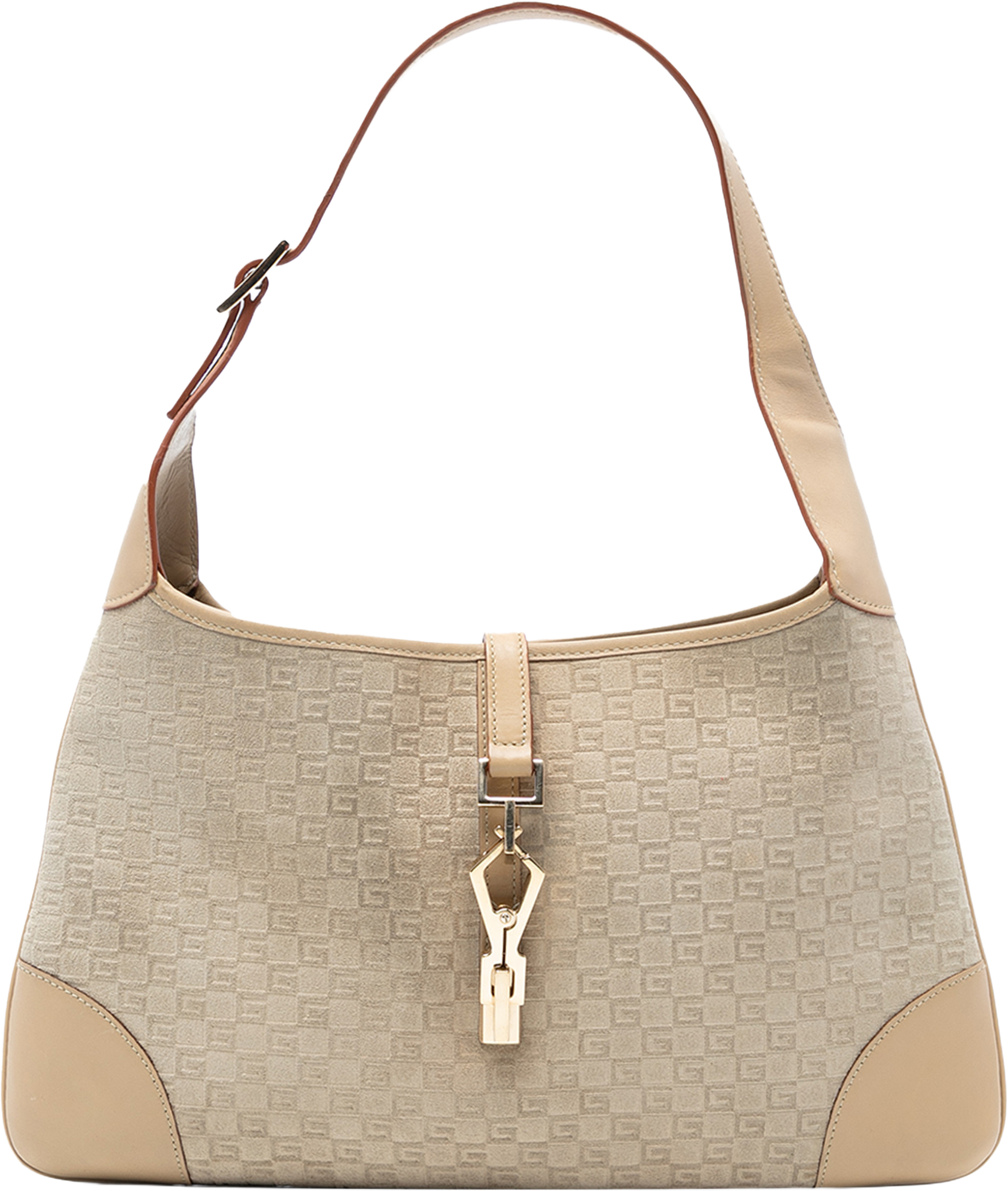Gucci G Square Suede Jackie Hobo, från Luxclusif, i färgen beige. Klicka för att öppna bilden i stort format