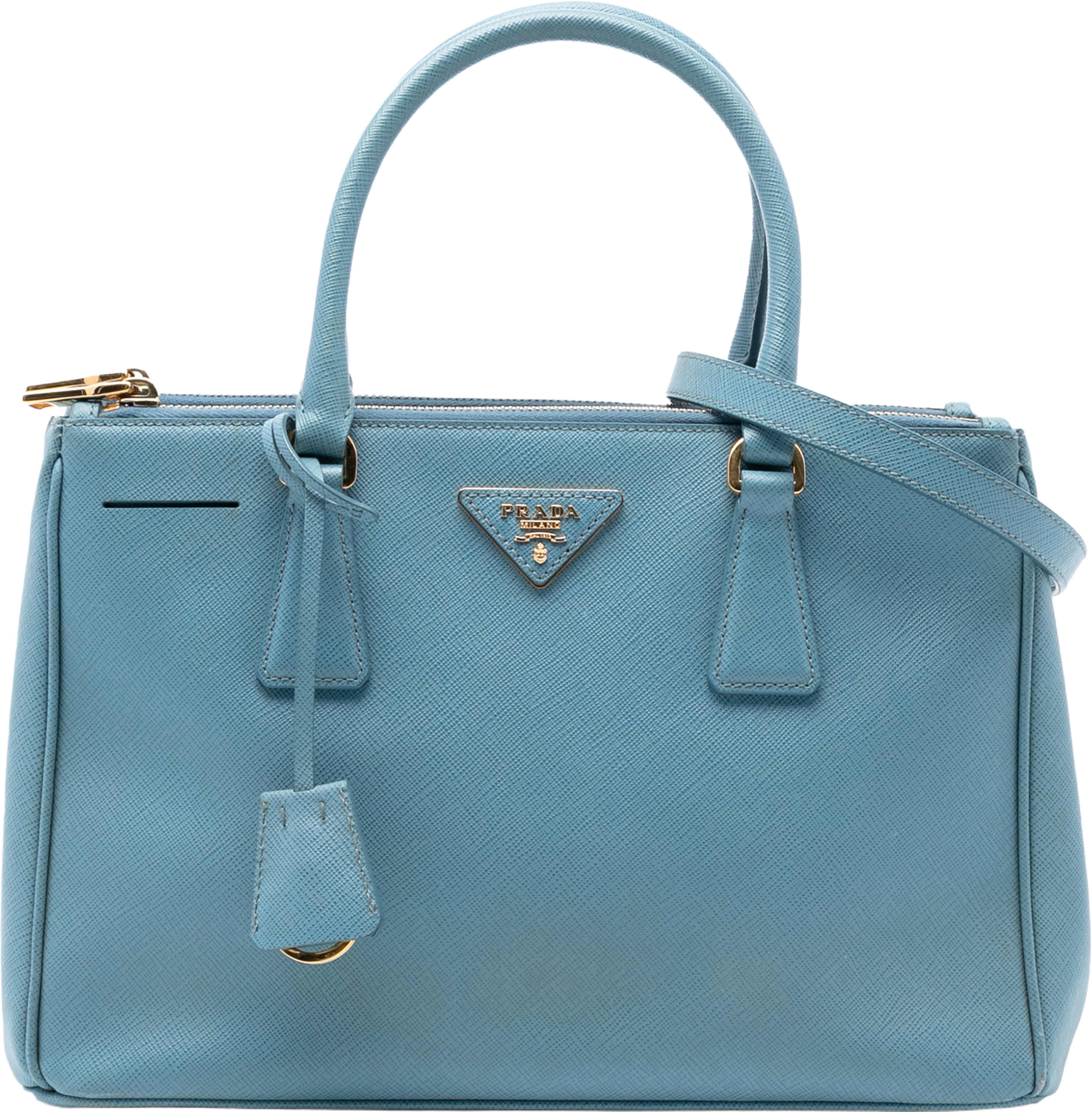 Prada Small Saffiano Lux Galleria Double Zip Satchel, från Luxclusif, i färgen blue. Klicka för att öppna bilden i stort format
