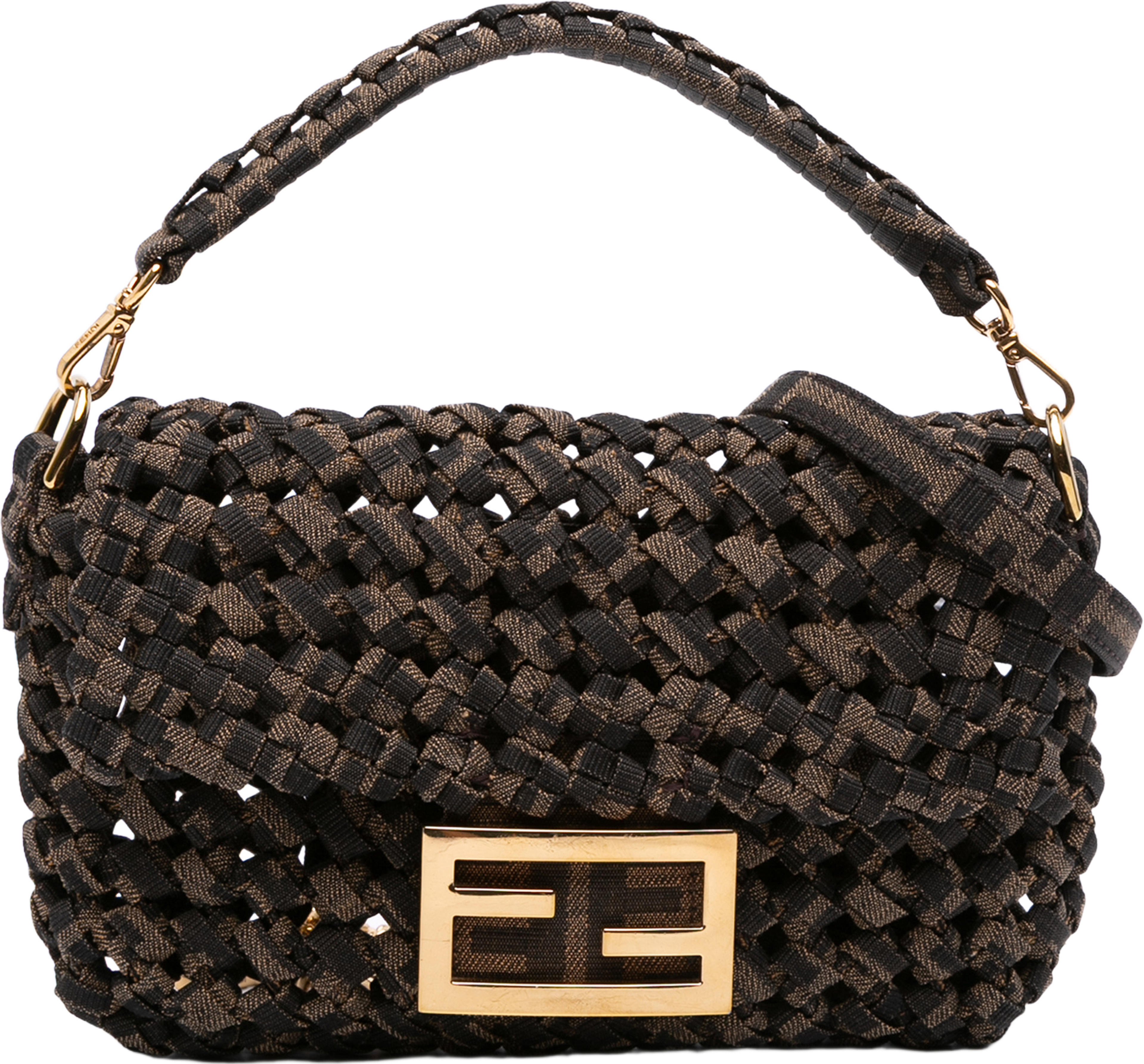 Fendi Mini Interlaced Canvas Zucca Baguette Satchel, från Luxclusif, i färgen brown. Klicka för att öppna bilden i stort format