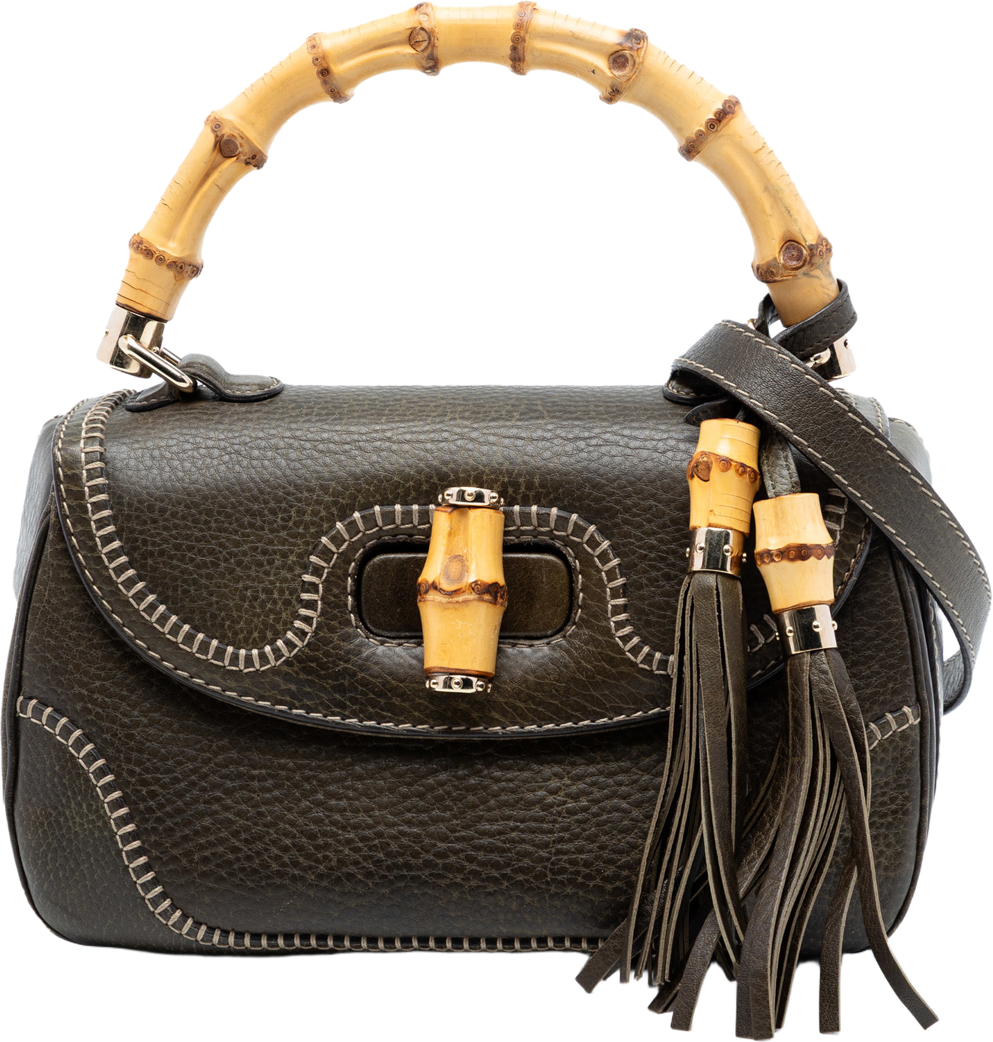 Gucci Medium Leather New Bamboo Satchel, från Luxclusif, i färgen olive green. Klicka för att öppna bilden i stort format