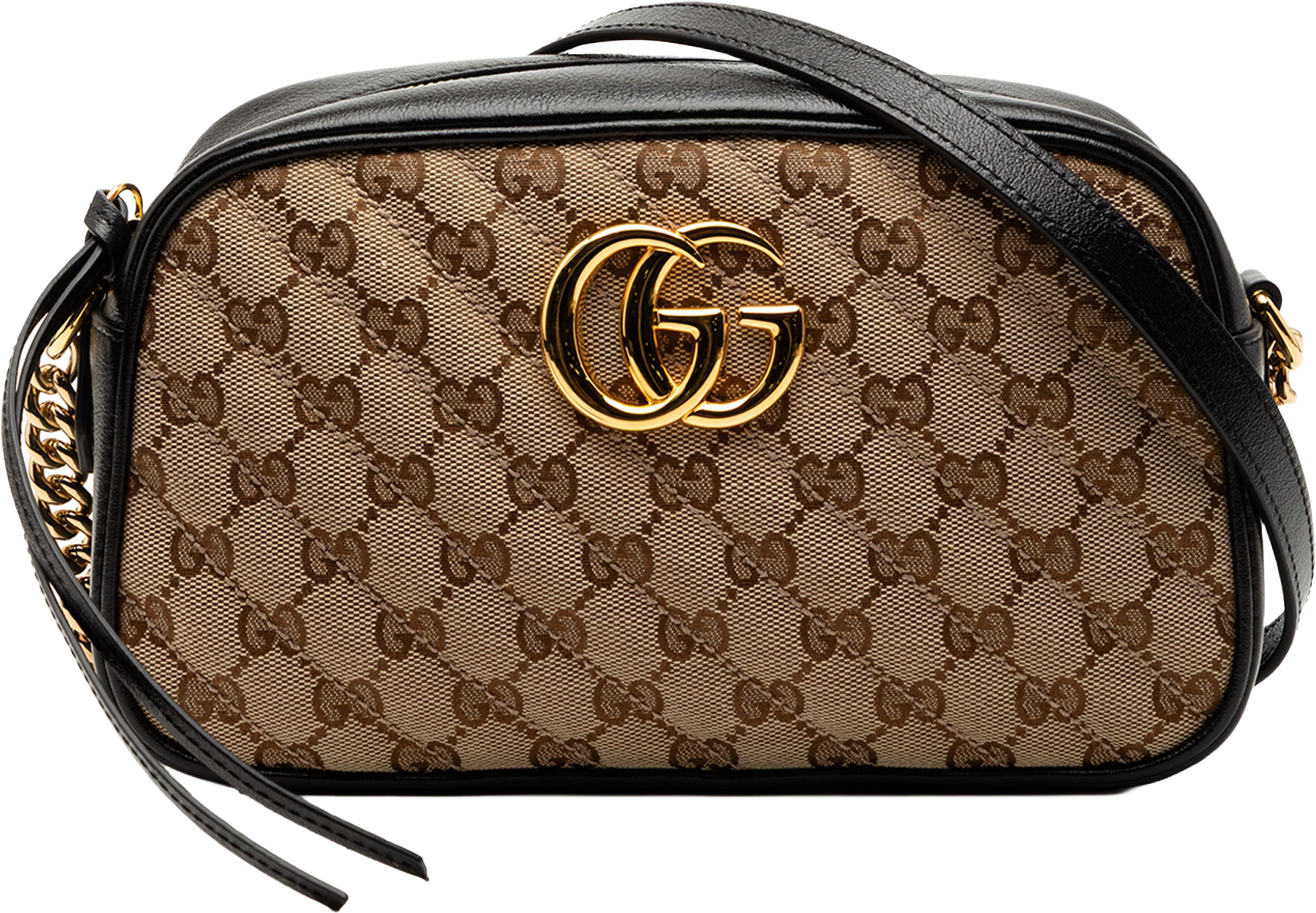 Gucci Small Gg Marmont Matelasse Gg Canvas And Leather Crossbody, från Luxclusif, i färgen beige. Klicka för att öppna bilden i stort format