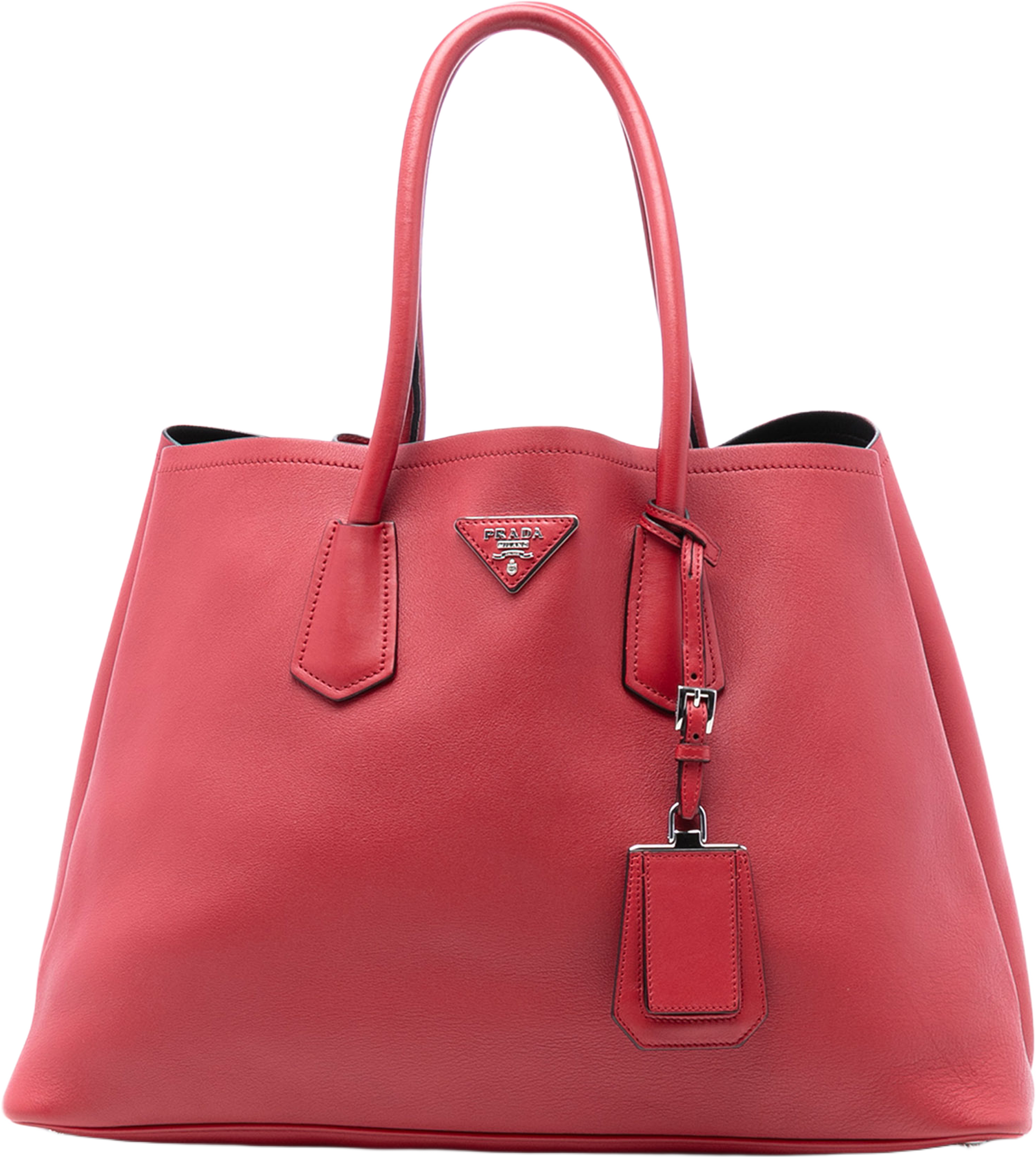 Prada Large Saffiano Cuir Double Satchel, från Luxclusif, i färgen red. Klicka för att öppna bilden i stort format