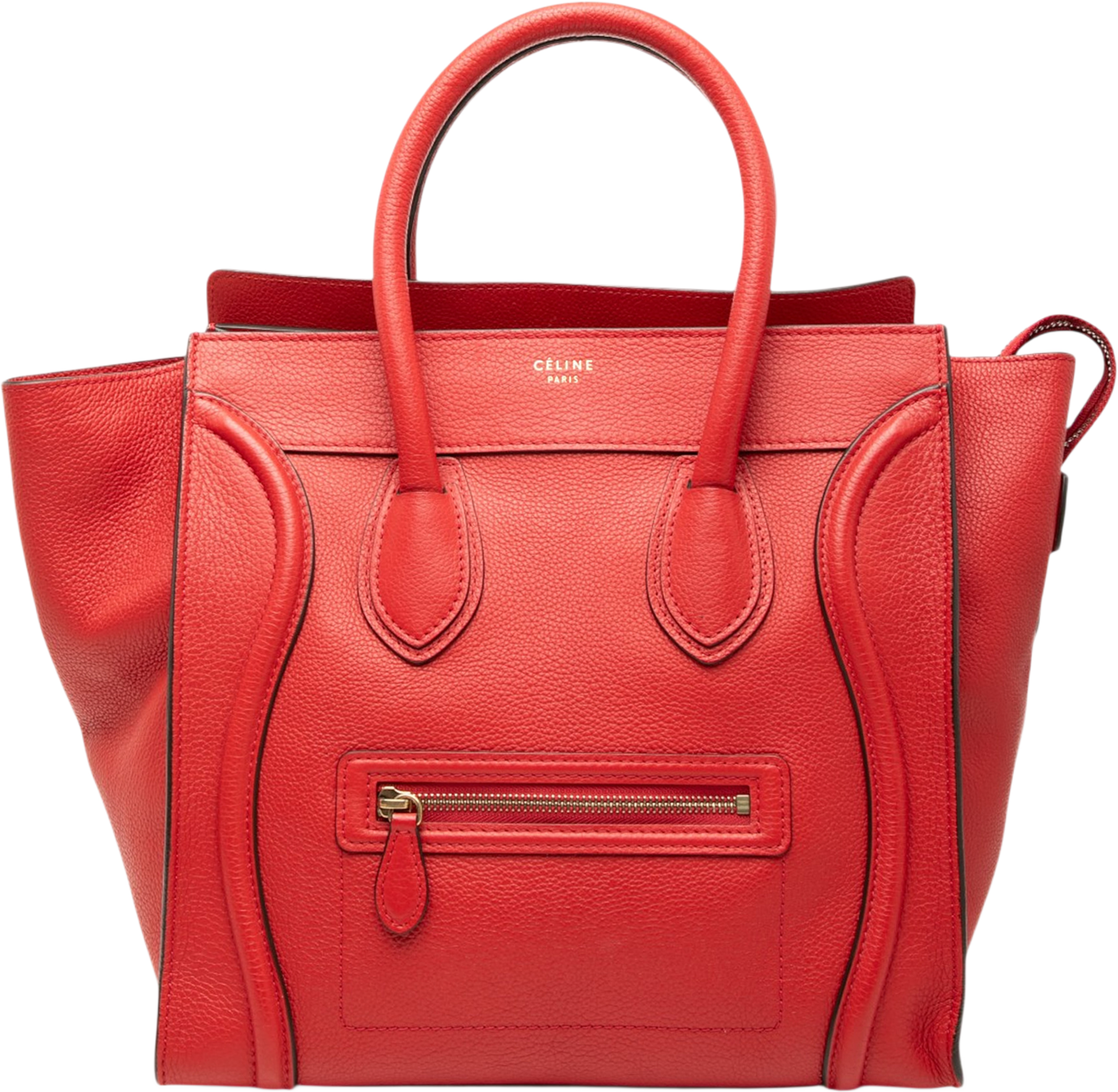Celine Mini Grained Calfskin Luggage Tote, från Luxclusif, i färgen red. Klicka för att öppna bilden i stort format
