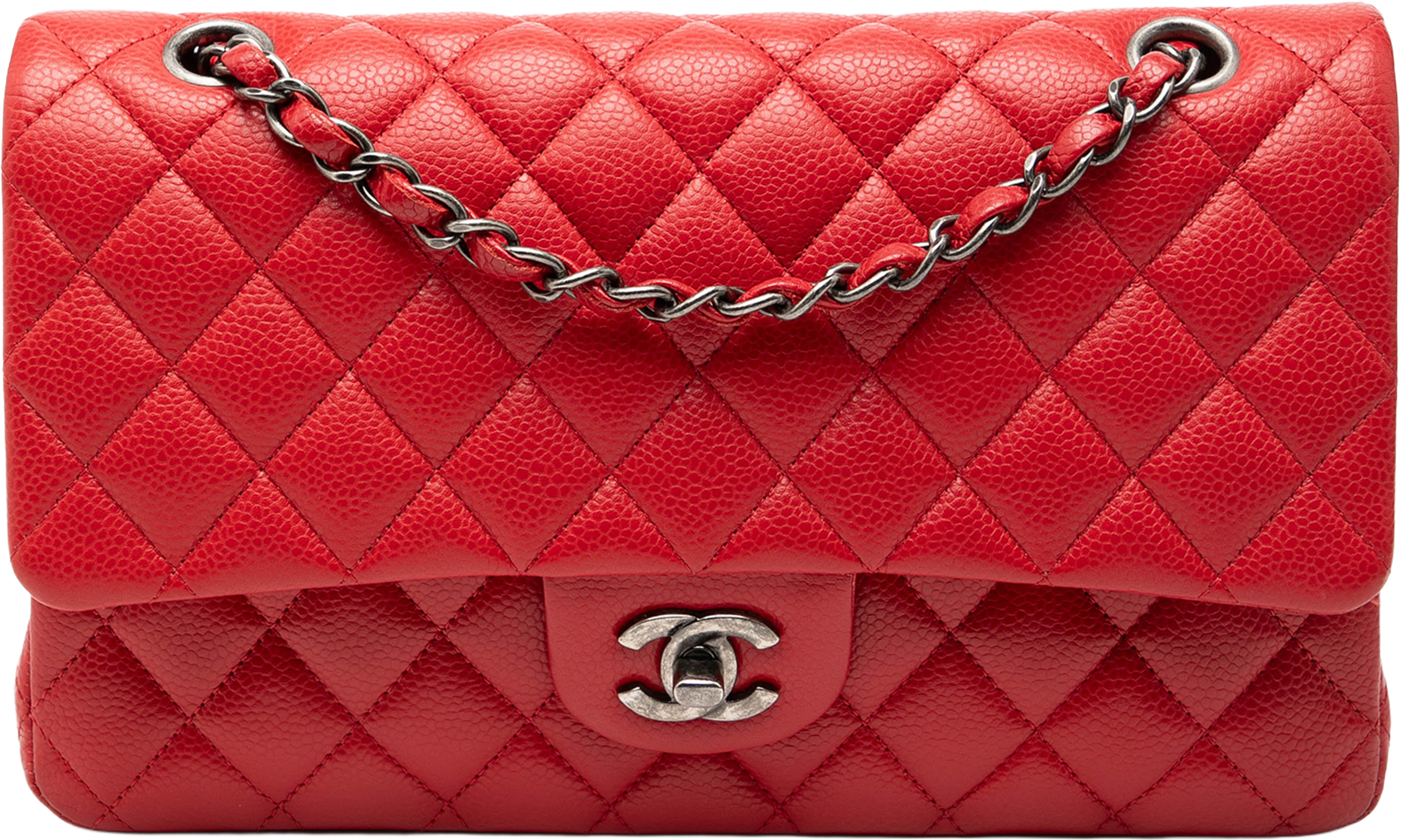Chanel Medium Classic Caviar Double Flap, från Luxclusif, i färgen red. Klicka för att öppna bilden i stort format