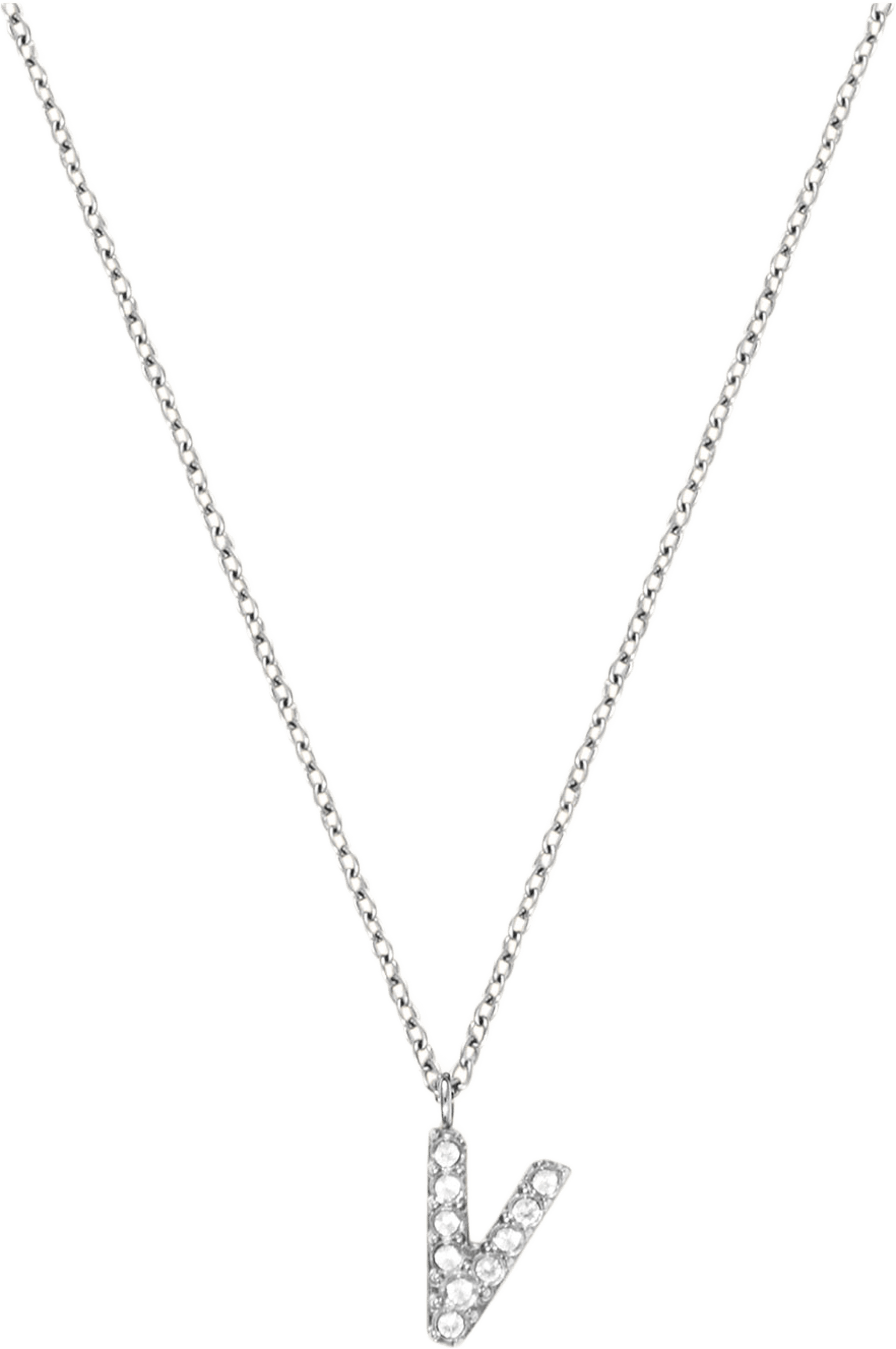Petite Stone Letter V Steel Necklace, från Mockberg, i färgen Silver. Klicka för att öppna bilden i stort format