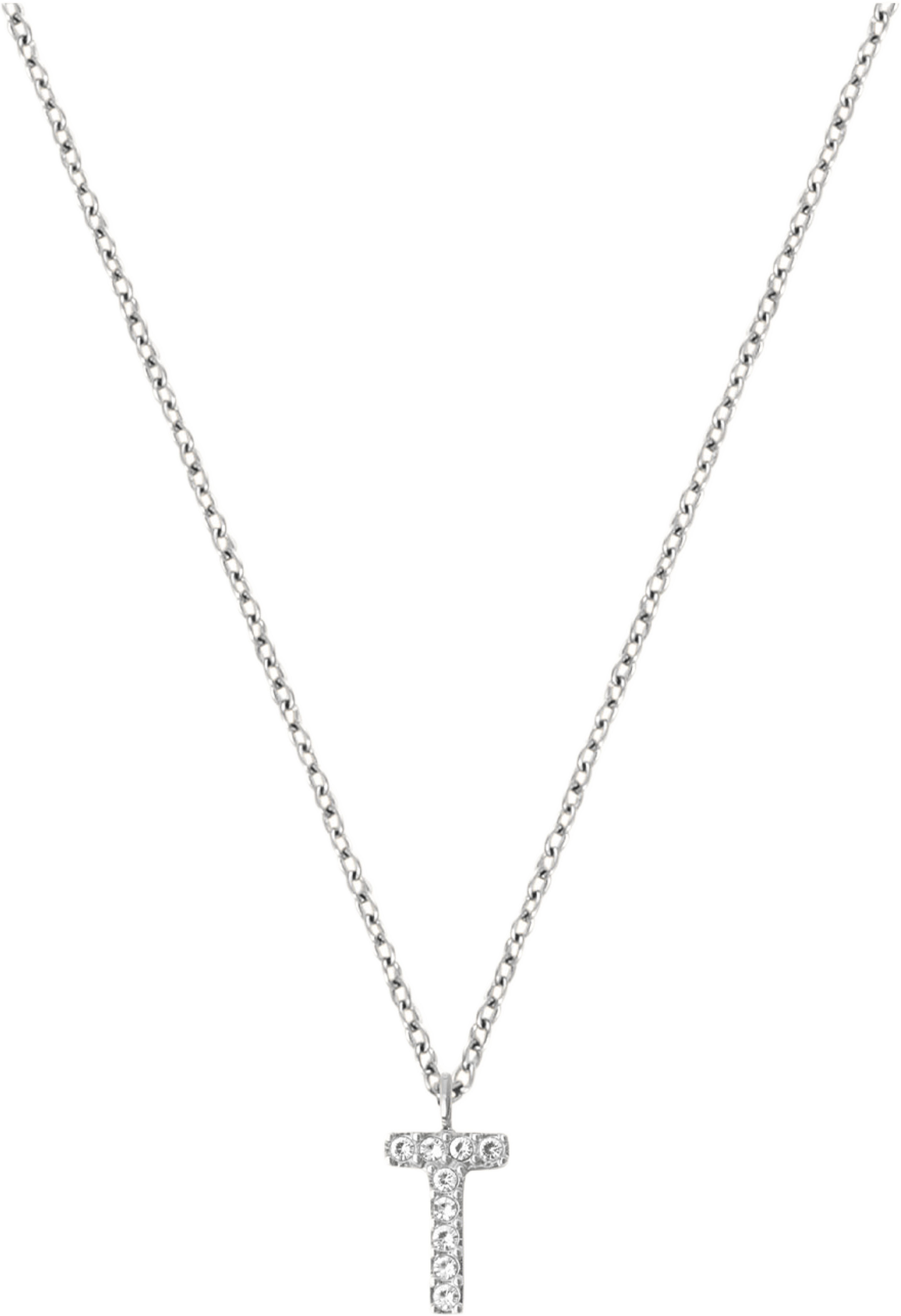 Petite Stone Letter T Steel Necklace, från Mockberg, i färgen Silver. Klicka för att öppna bilden i stort format