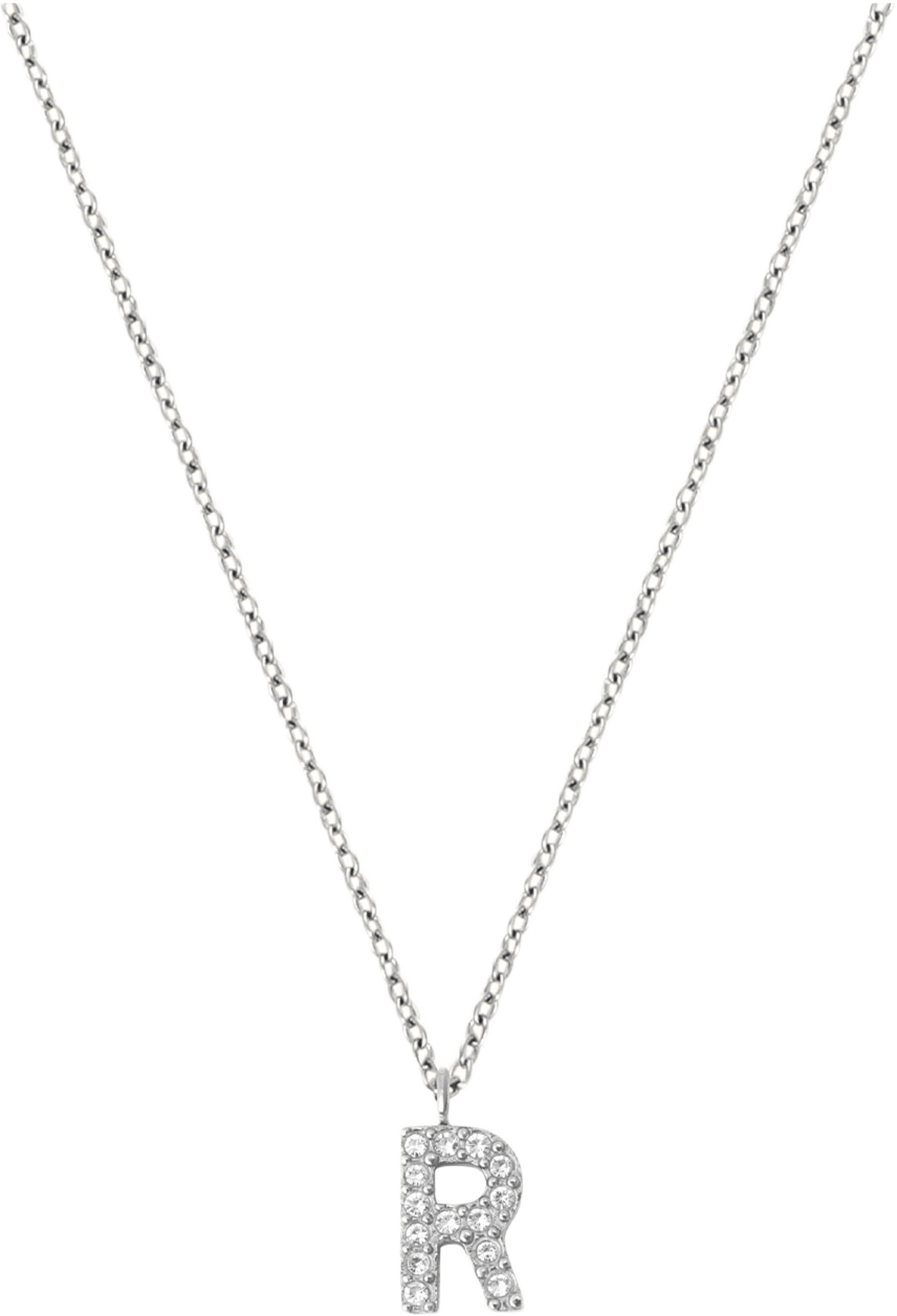 Petite Stone Letter R Steel Necklace, från Mockberg, i färgen Silver. Klicka för att öppna bilden i stort format