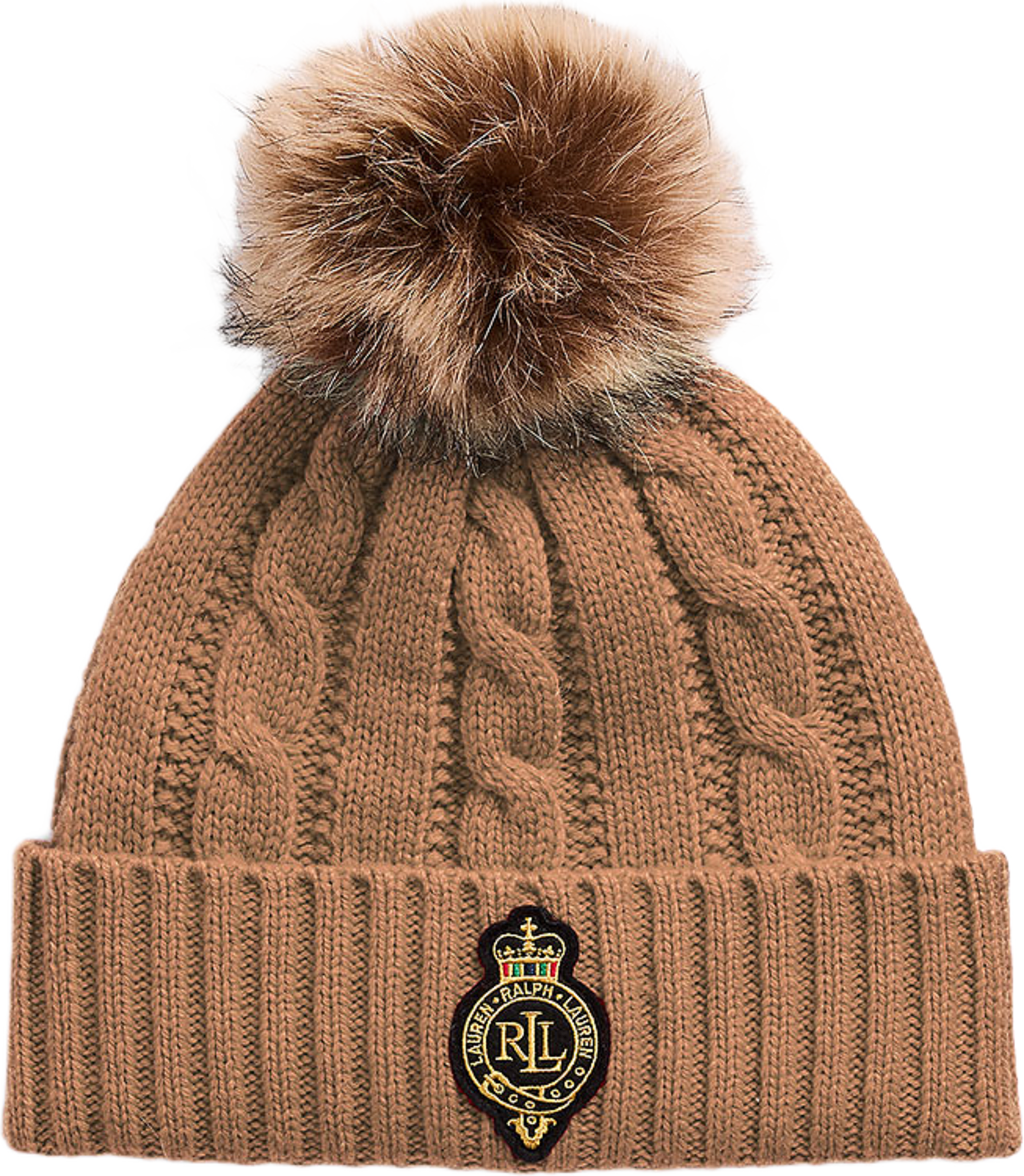Crest-Patch Pom-Pom Cable-Knit Beanie
