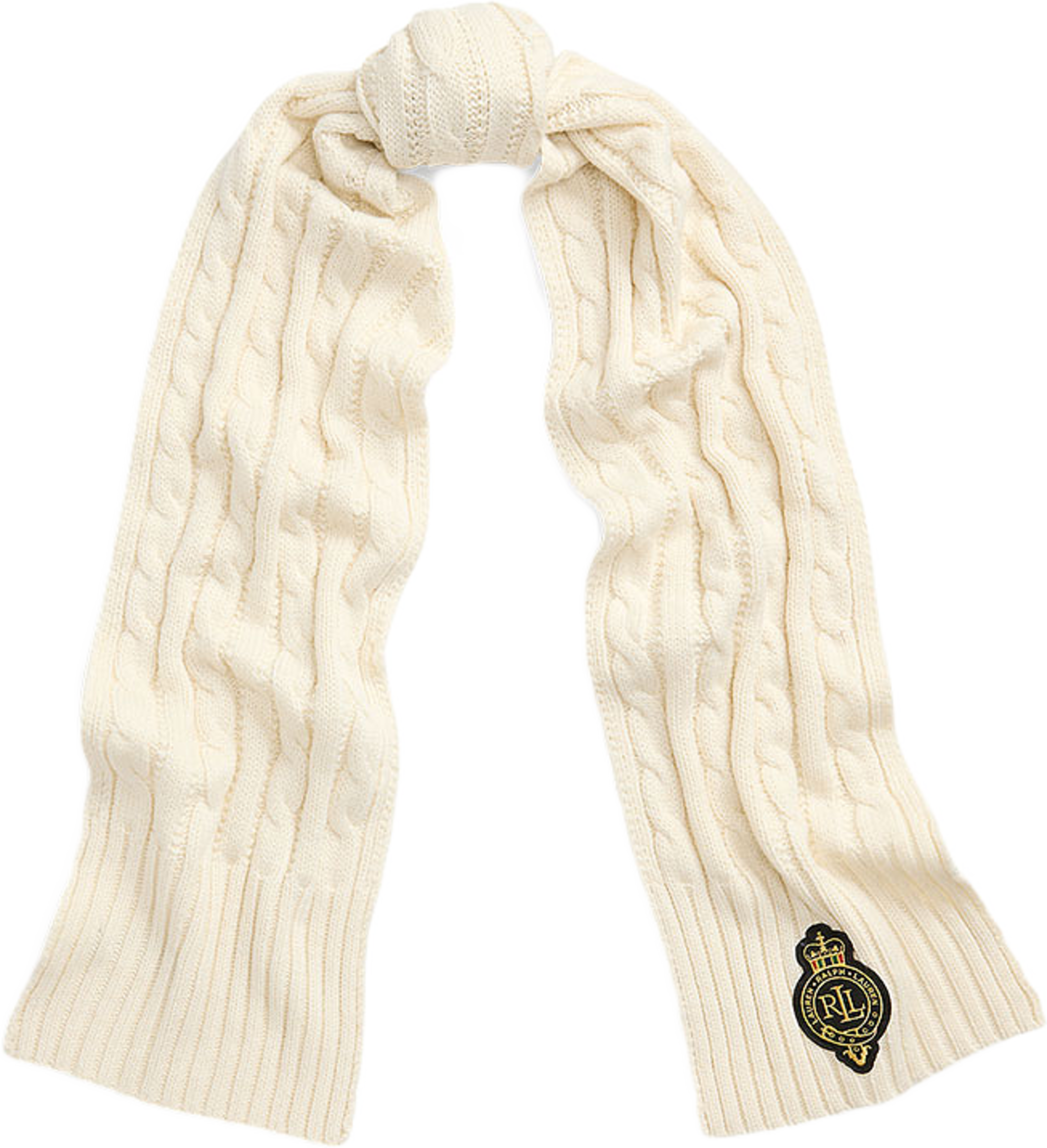Crest-Patch Cable-Knit Scarf
