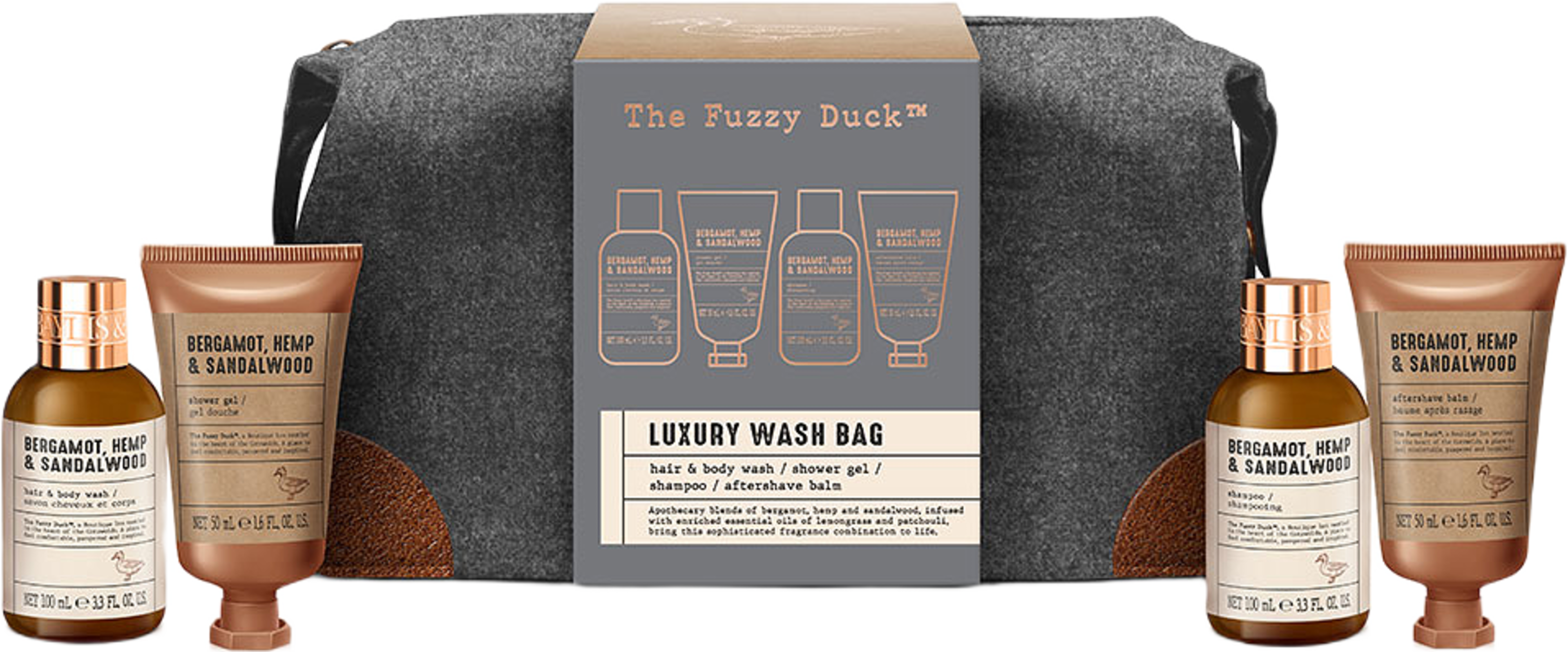 The Fuzzy Duck Men's Bergamot, Hemp & Sandalwood Wash Bag Gift Set