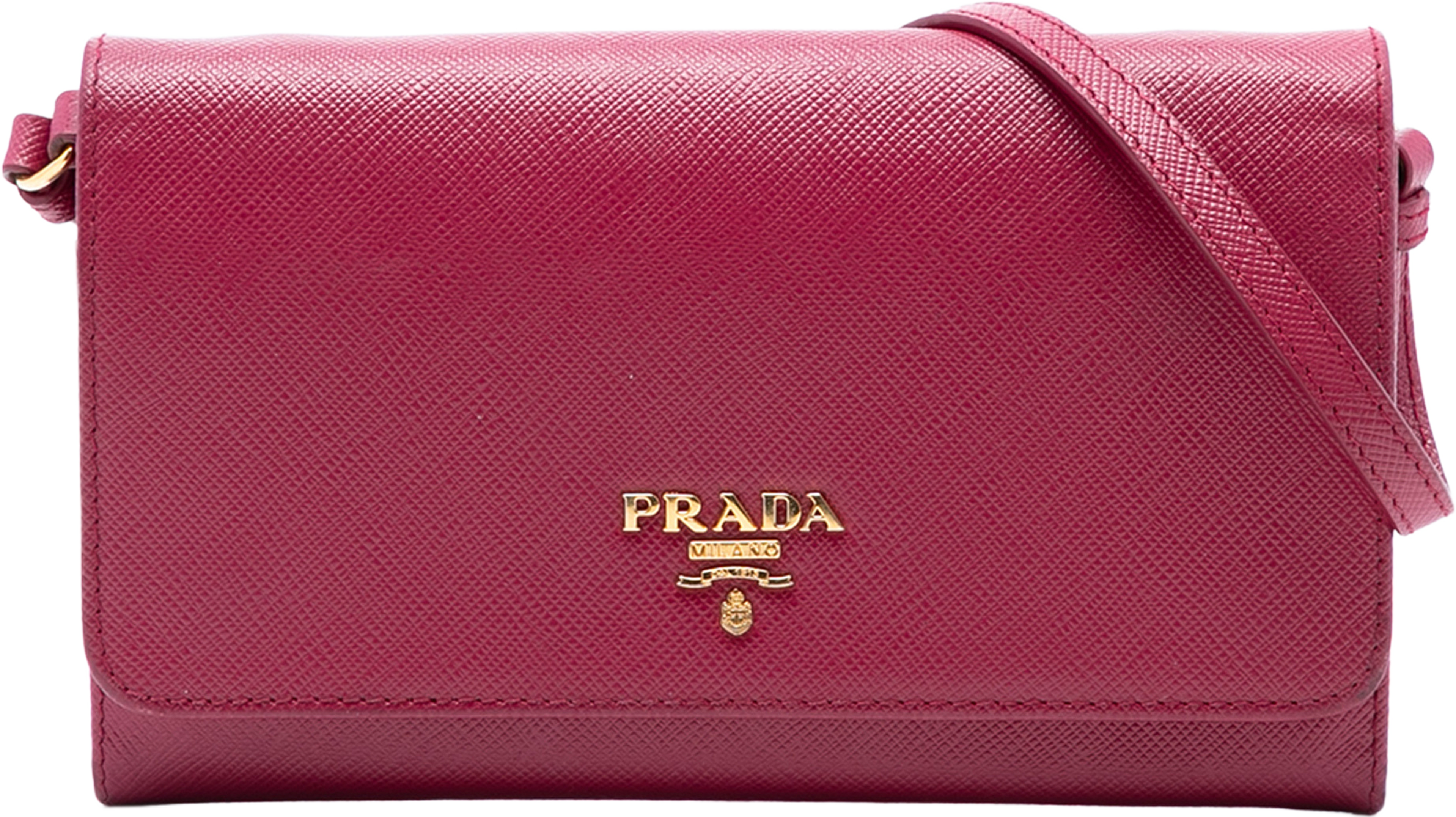 Prada Saffiano Wallet On Strap, från Luxclusif, i färgen dark pink. Klicka för att öppna bilden i stort format