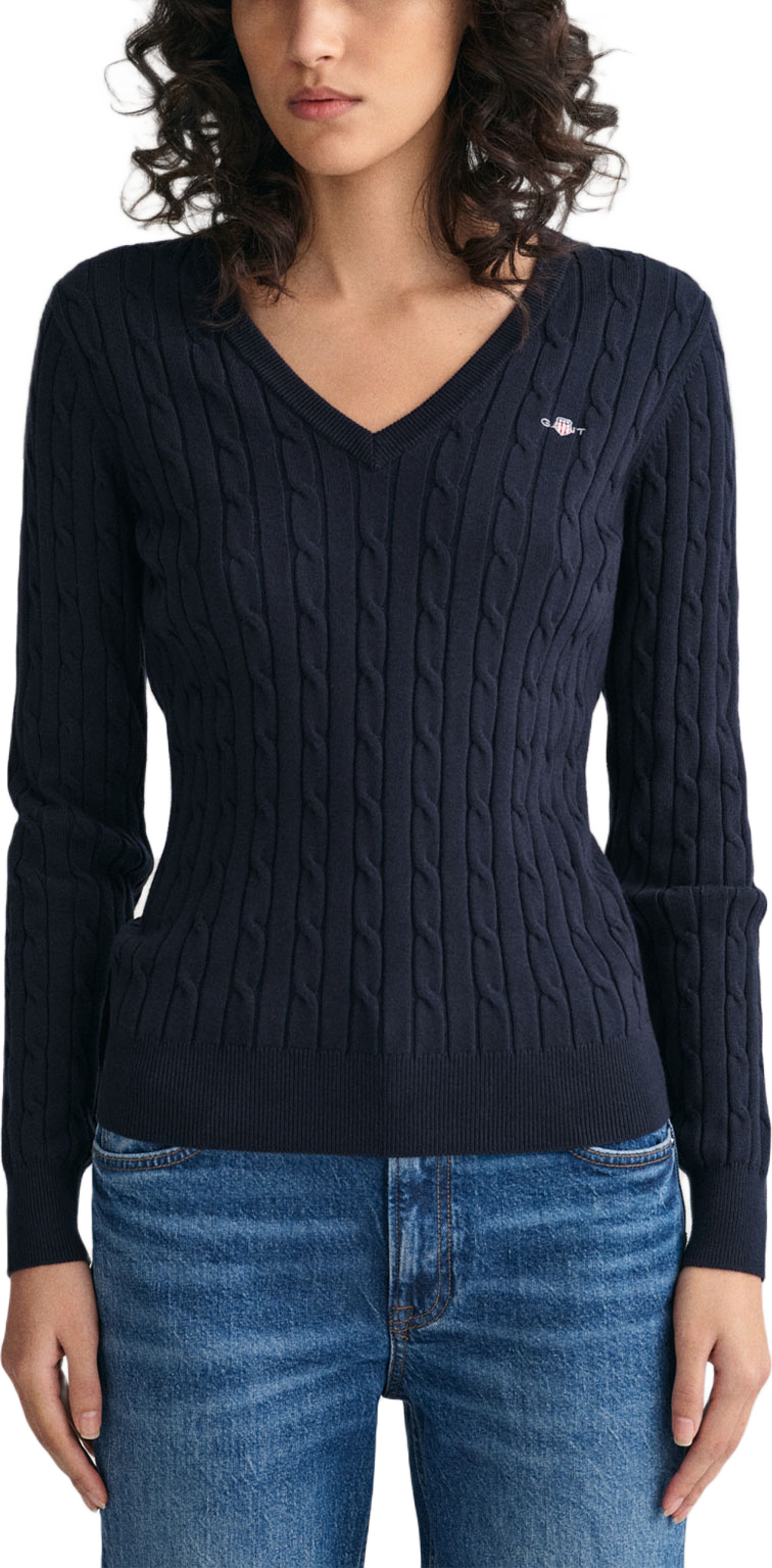 Stretch Cotton Cable Knit V-Neck Sweater
