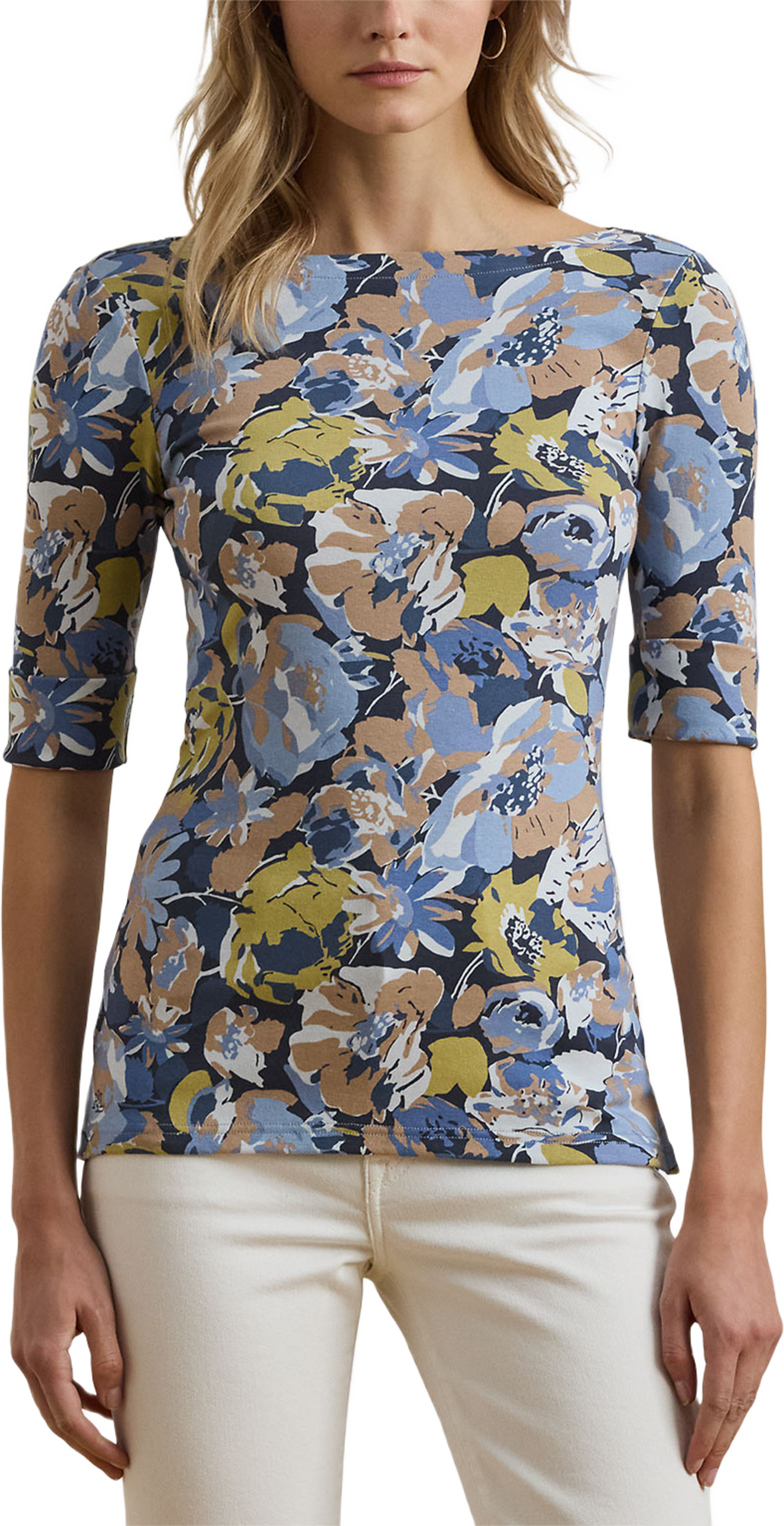 Floral Stretch Cotton Boatneck Tee