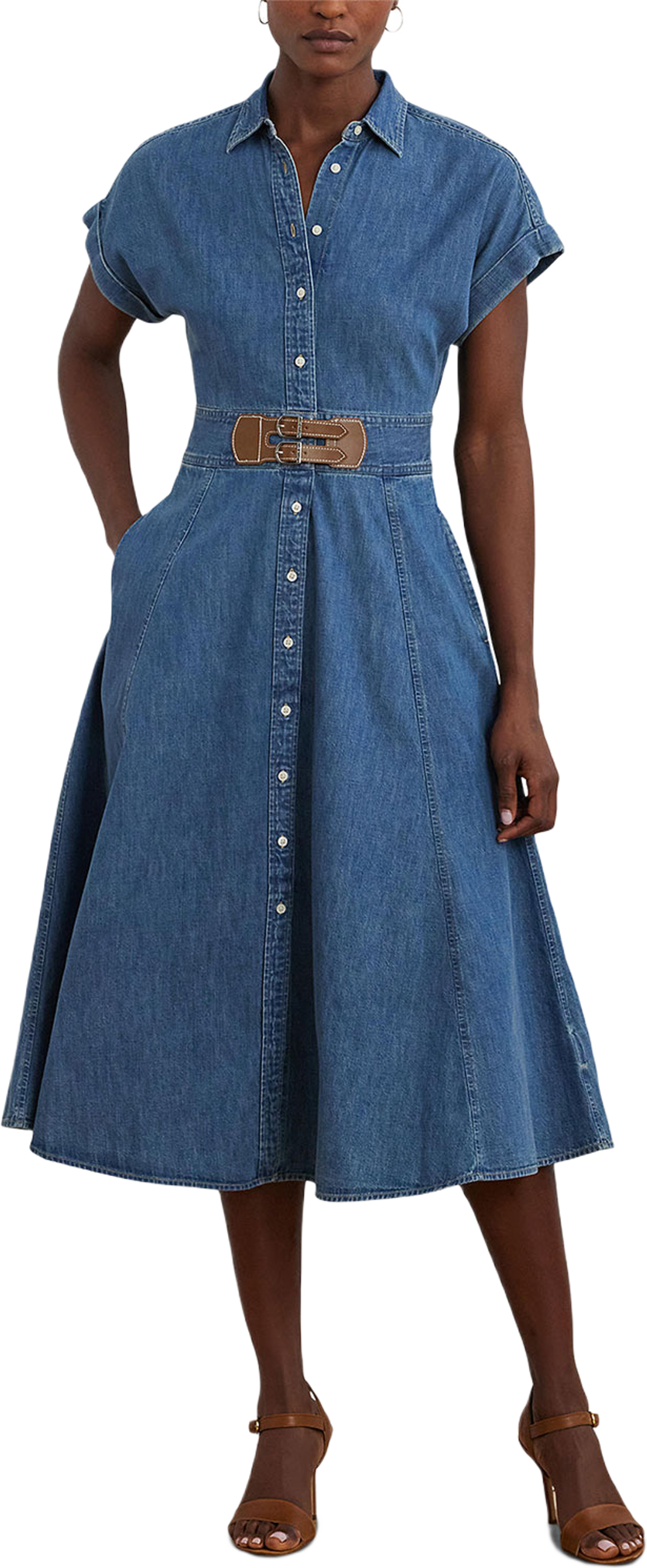 Buckle-Trim Denim Shirtdress