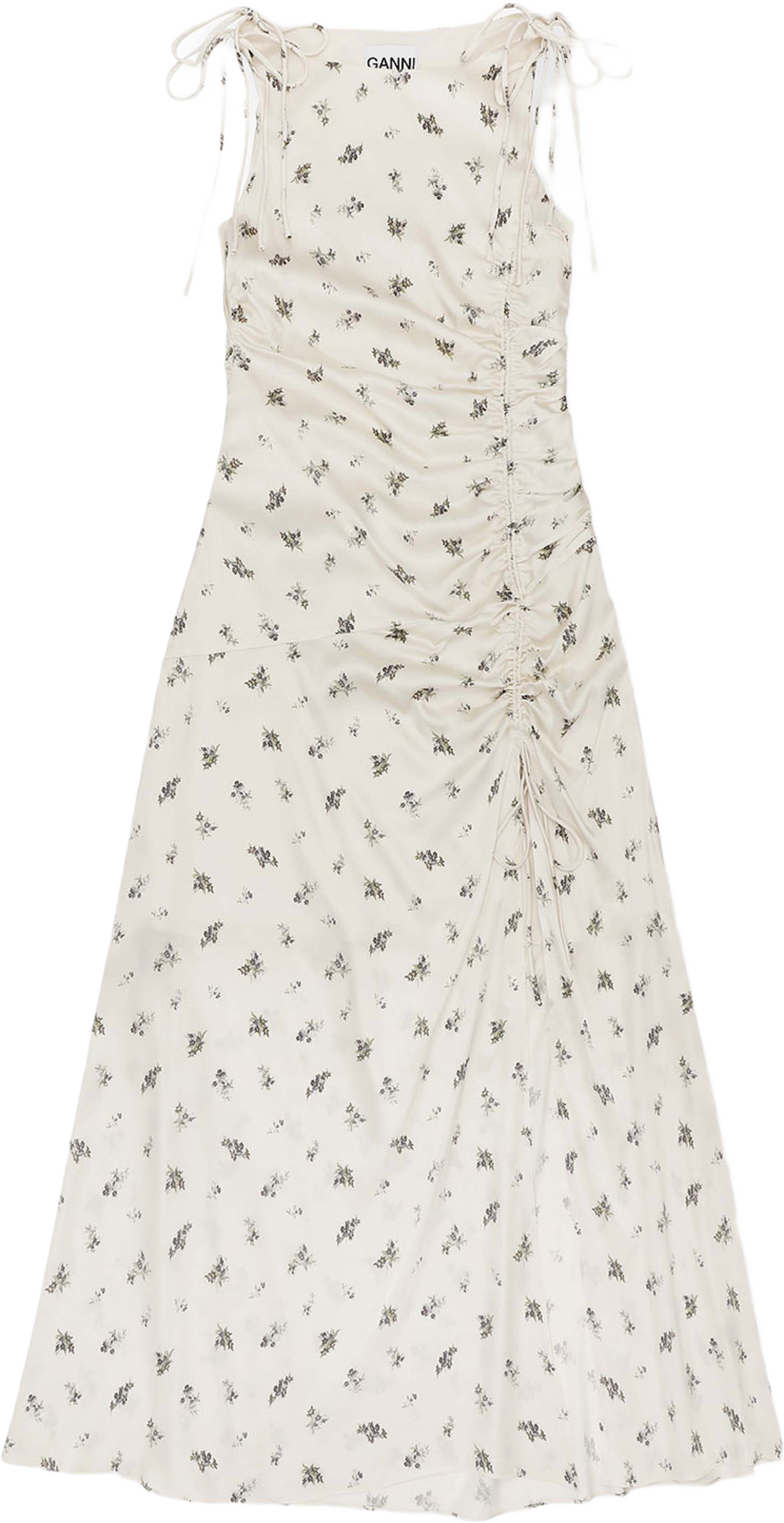 Printed Satin Gathered Long Dress