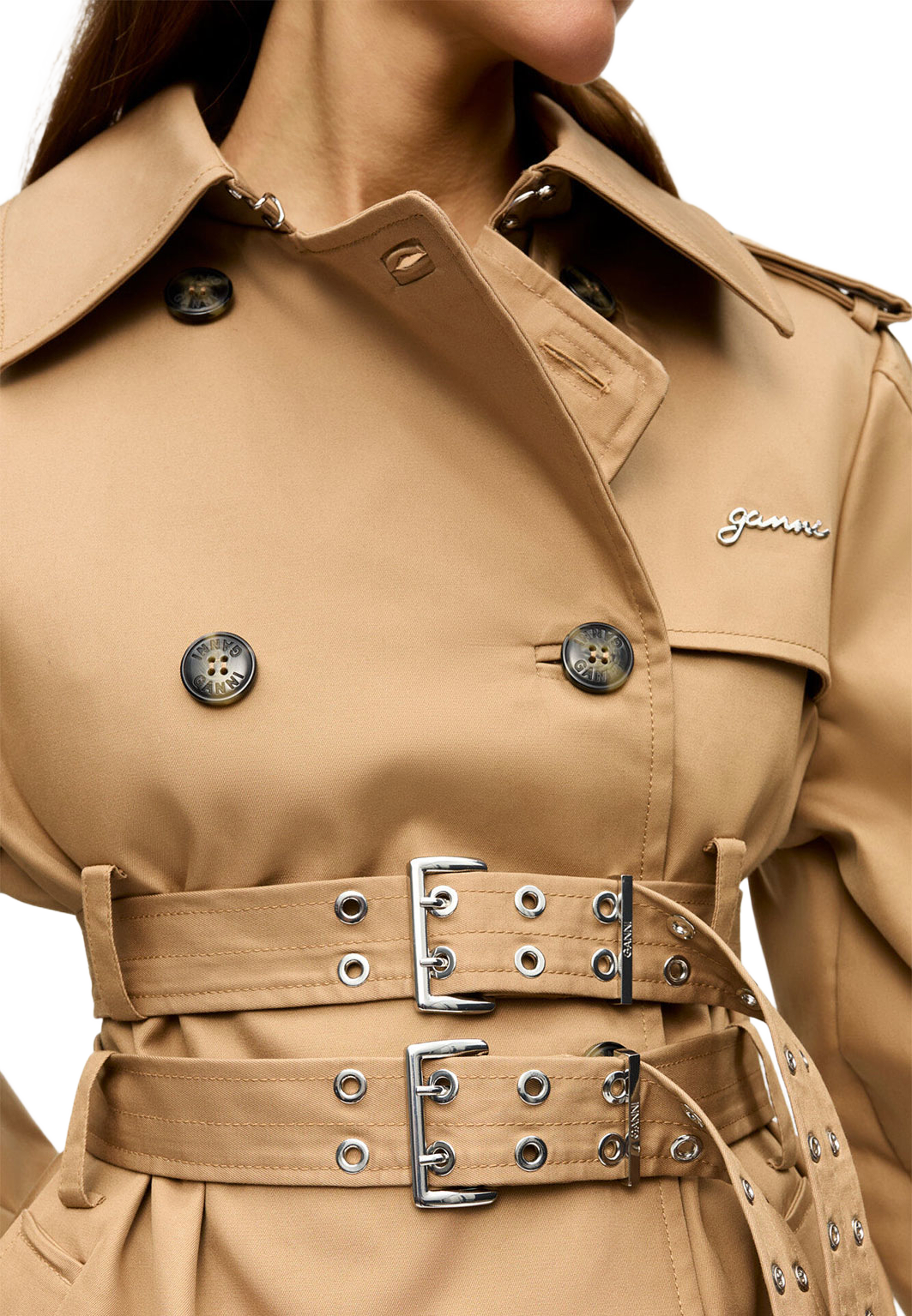 Bonded Cotton Trench Coat, från GANNI, i färgen Tiger's Eye. Klicka för att öppna bilden i stort format