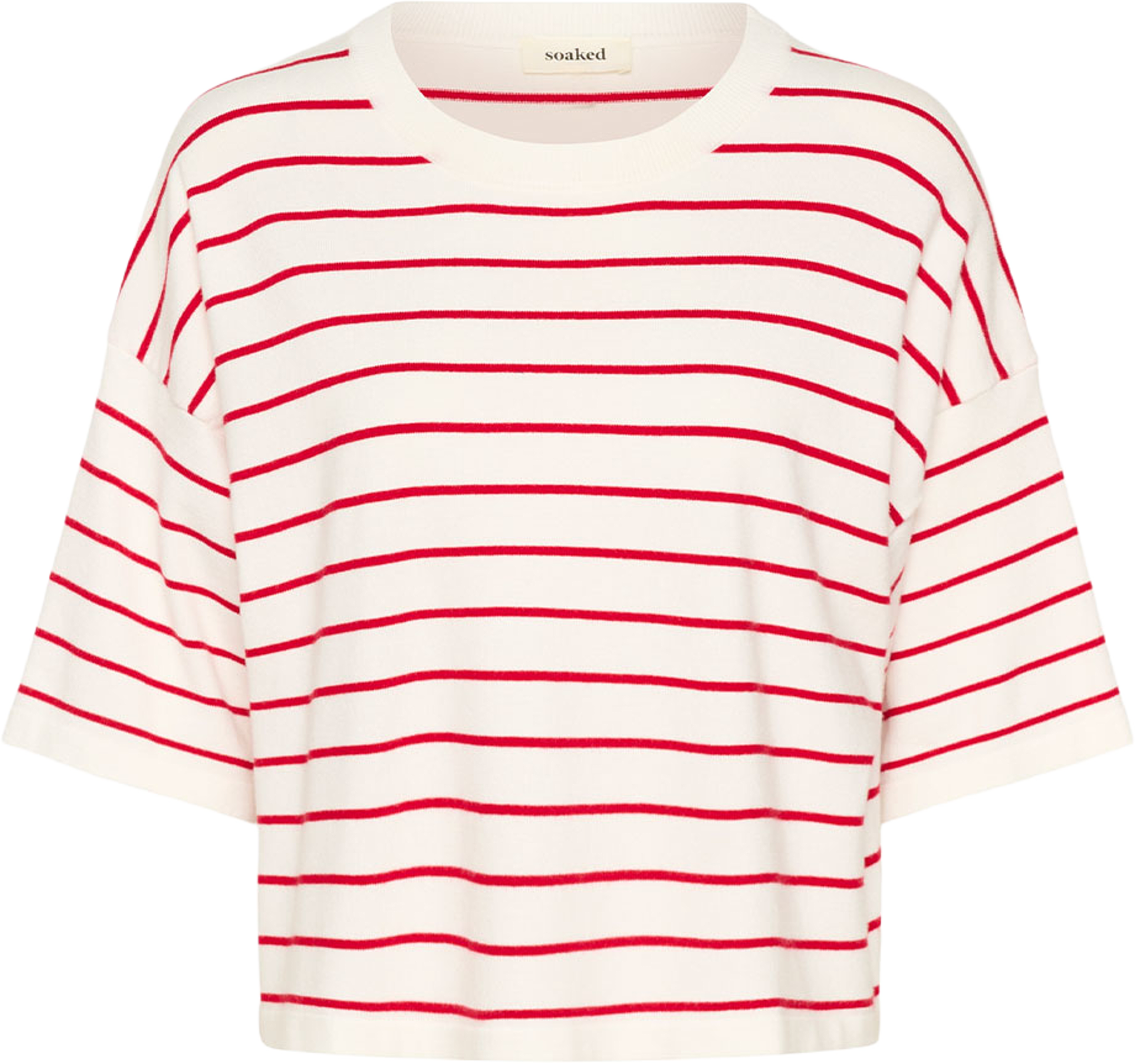 Spina Boxy Pullover SS Sweater, från Soaked In Luxury, i färgen White W Goji Berry Stripe. Klicka för att öppna bilden i stort format