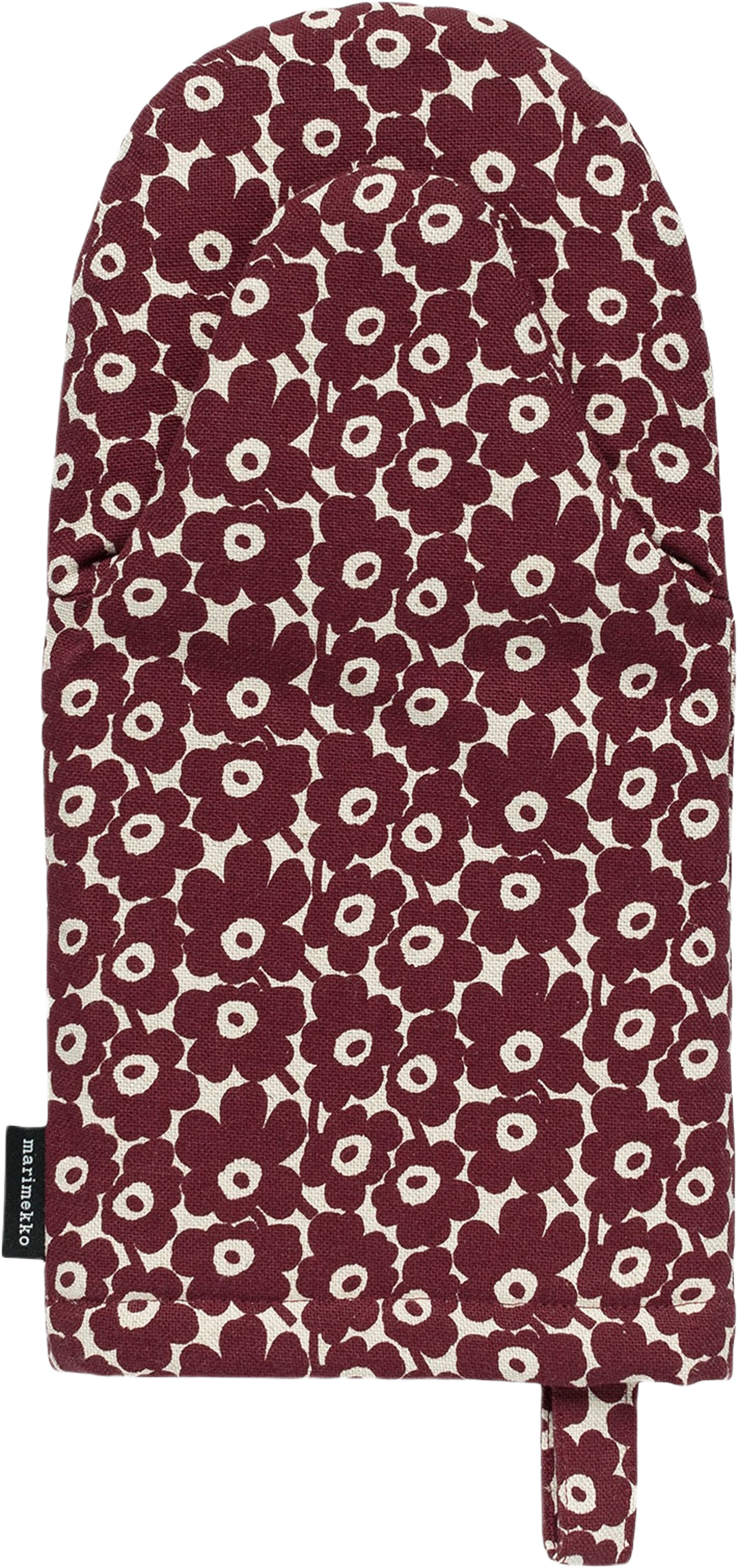 Pikkuinen Unikko Ovenmitten, från Marimekko, i färgen Linen, Burgundy. Klicka för att öppna bilden i stort format
