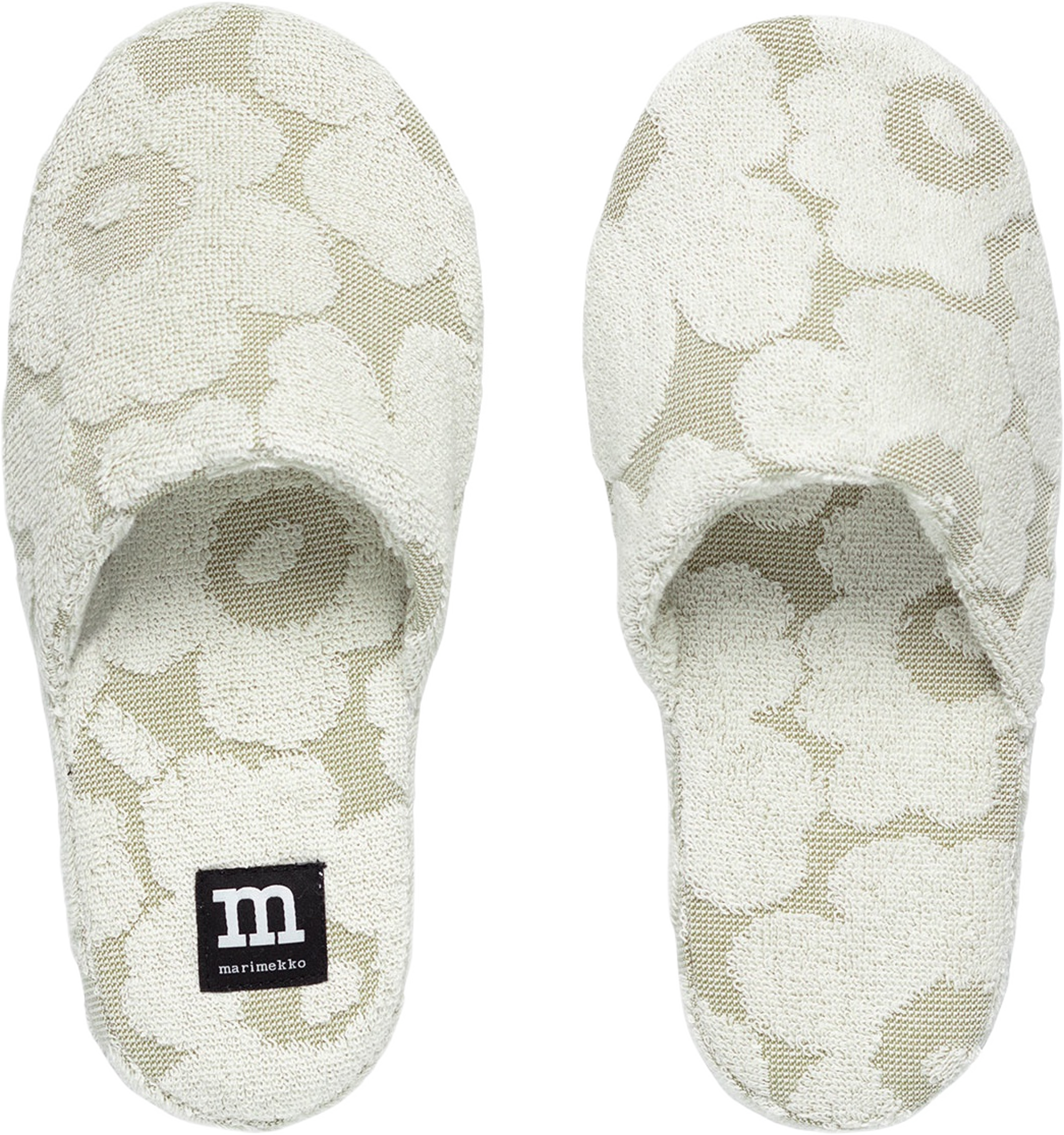 Mini Unikko Slippers, från Marimekko, i färgen Green Umber, Cream. Klicka för att öppna bilden i stort format