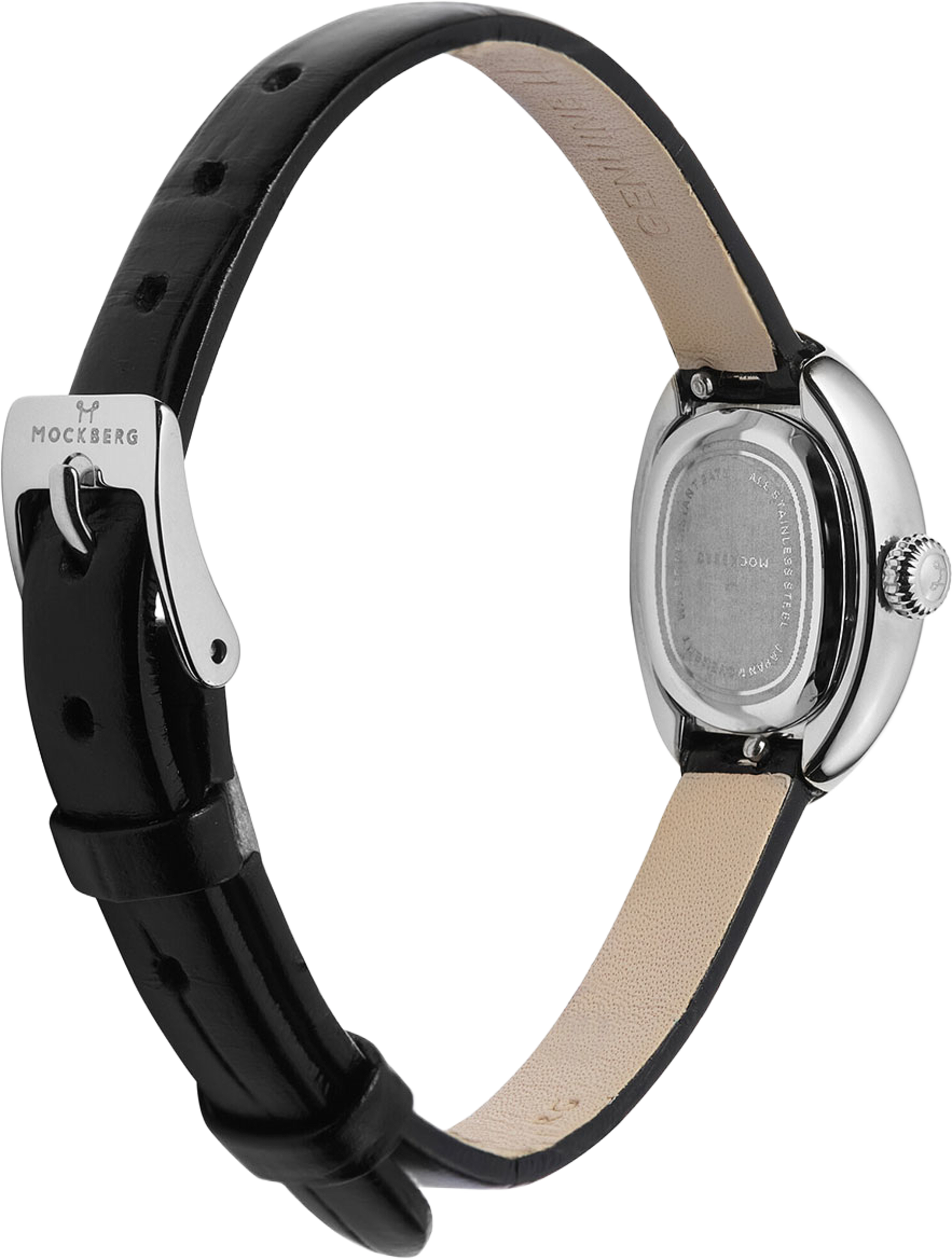 Belle Oval Petite Leather Steel Watch, från Mockberg, i färgen Silver. Klicka för att öppna bilden i stort format