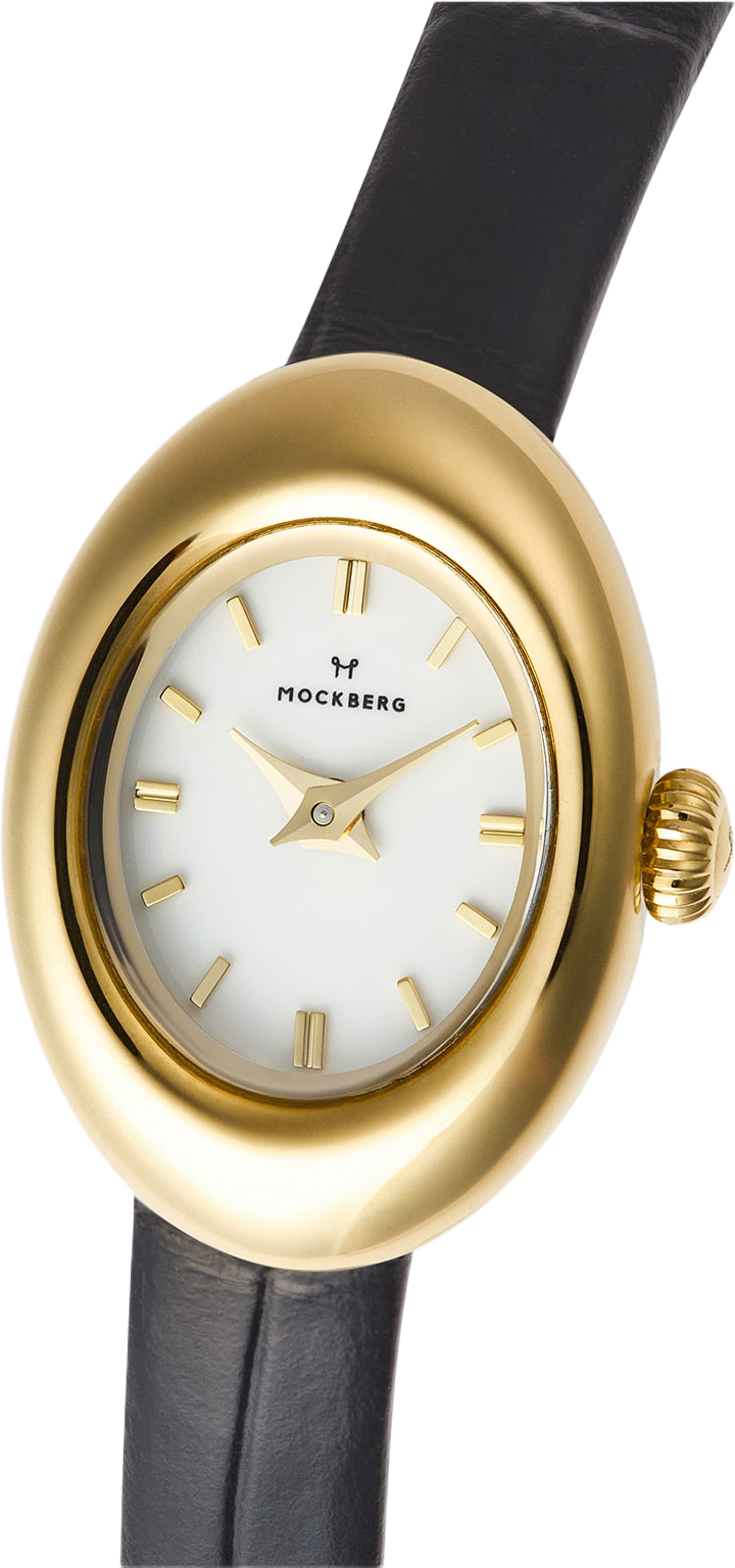 Belle Oval Petite Leather Gold Watch, från Mockberg, i färgen Gold. Klicka för att öppna bilden i stort format