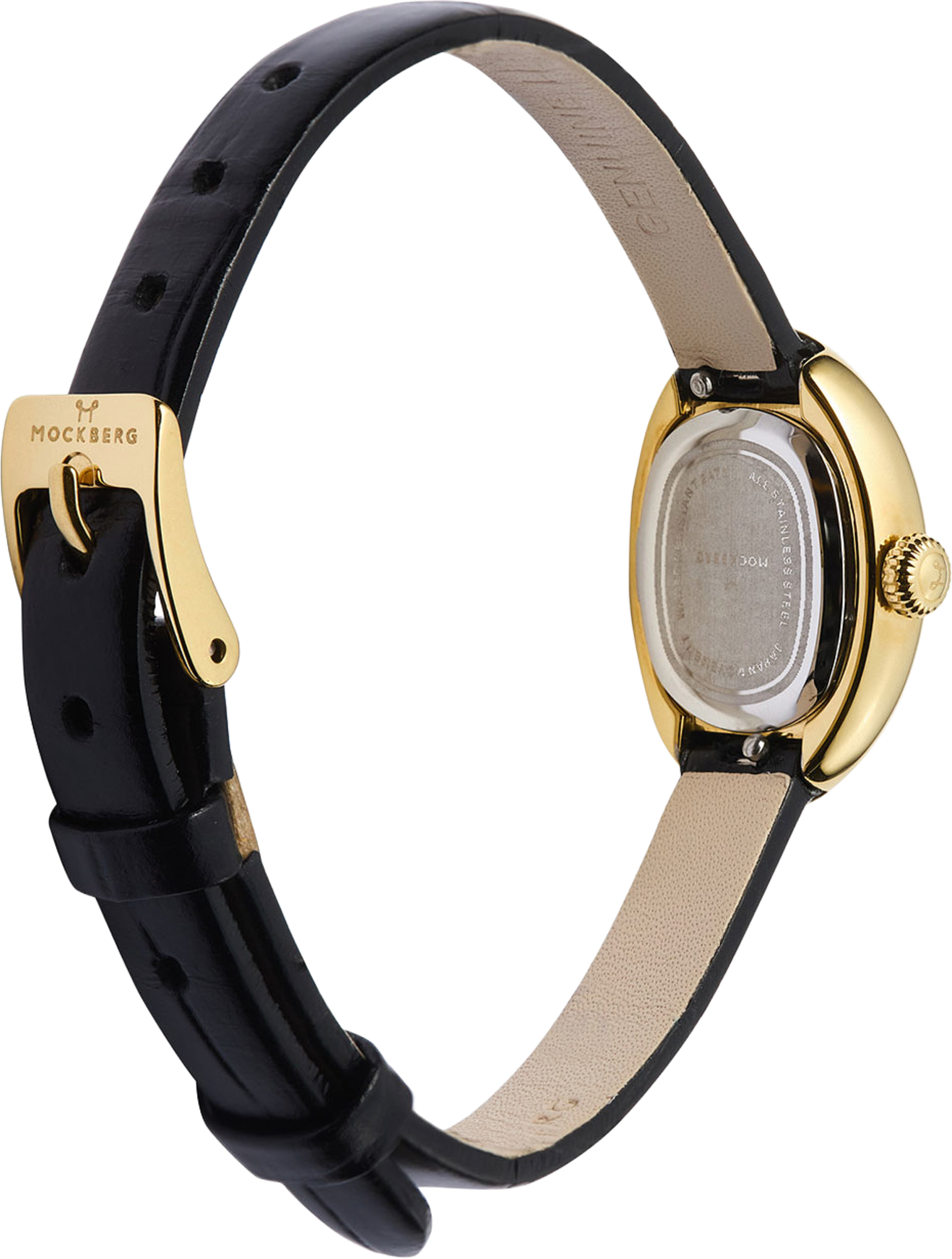 Belle Oval Petite Leather Gold Watch, från Mockberg, i färgen Gold. Klicka för att öppna bilden i stort format