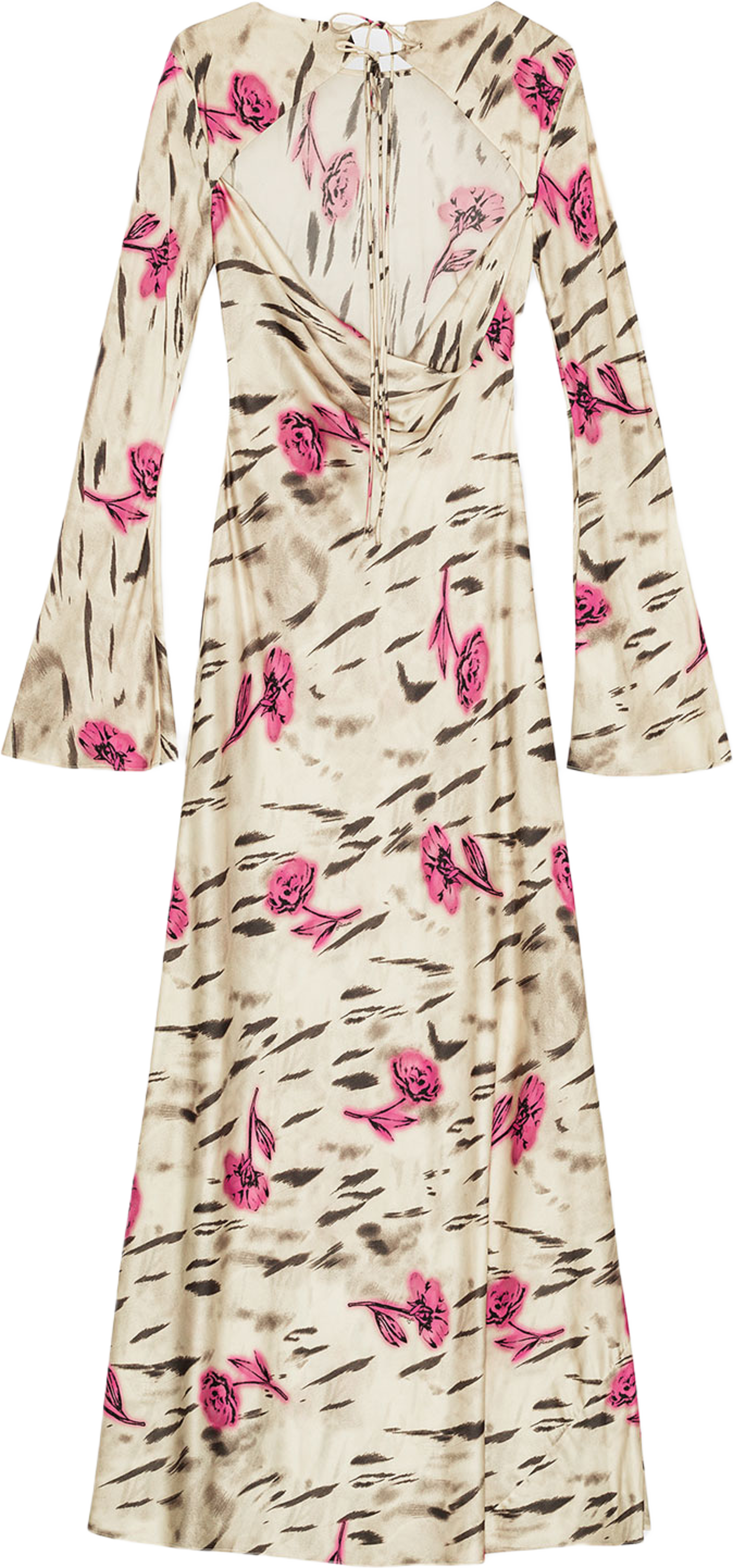 Printed Stretch Satin Long Sleeve Maxi Dress