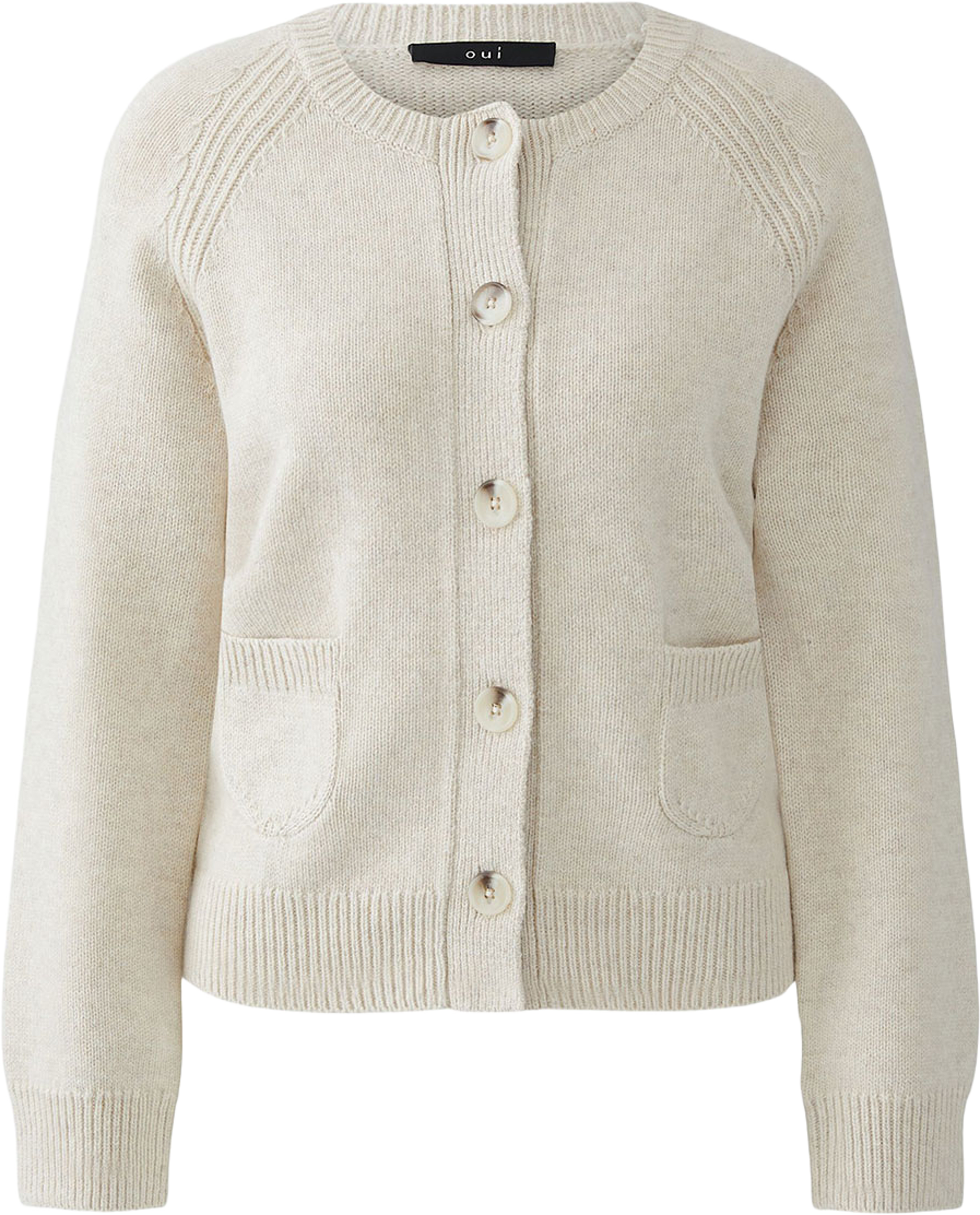 Stickad cardigan, från Oui, i färgen Lt.beige Melange. Klicka för att öppna bilden i stort format