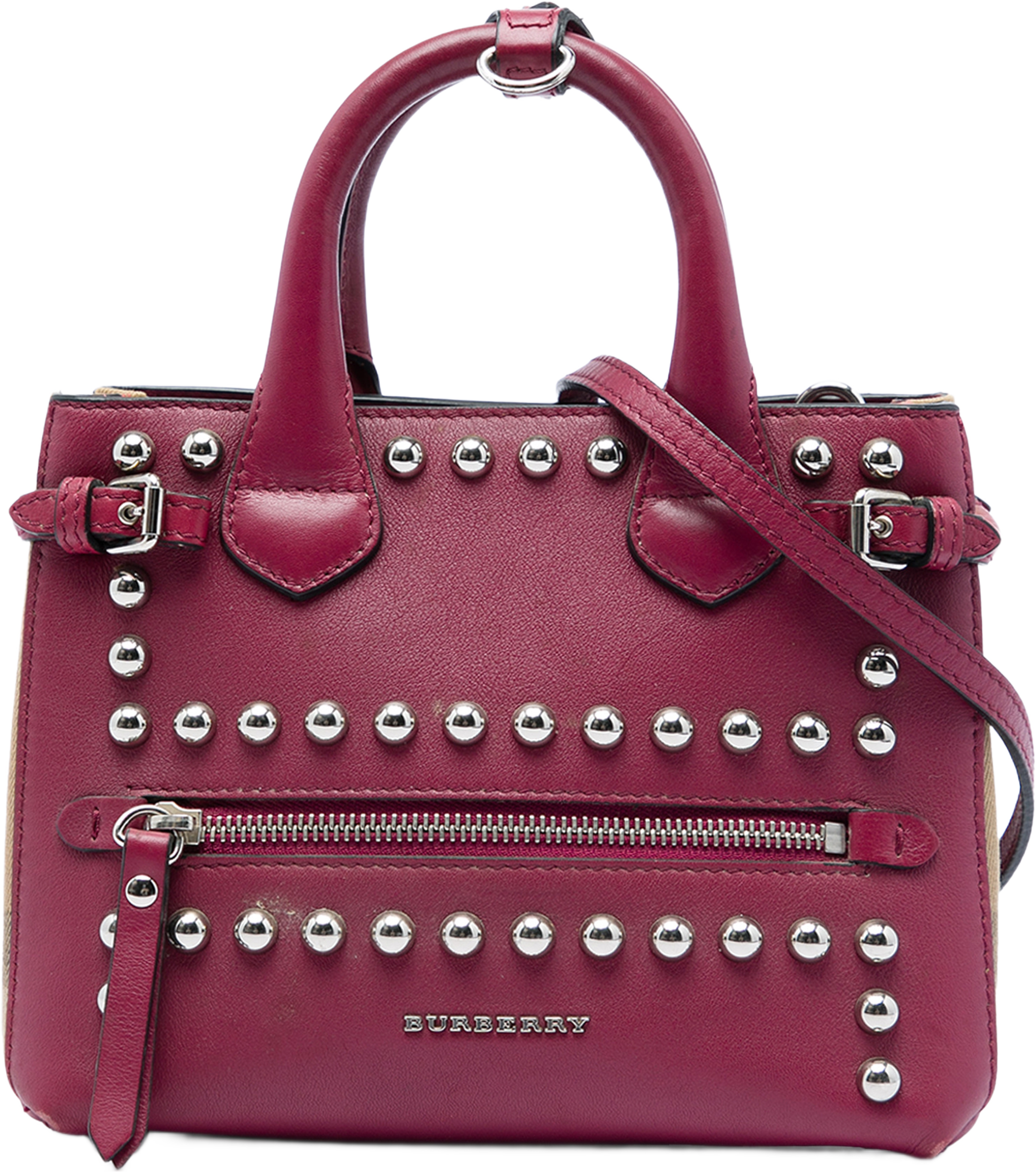 Burberry Baby Studded Leather And House Check Banner Satchel, från Luxclusif, i färgen purpur. Klicka för att öppna bilden i stort format