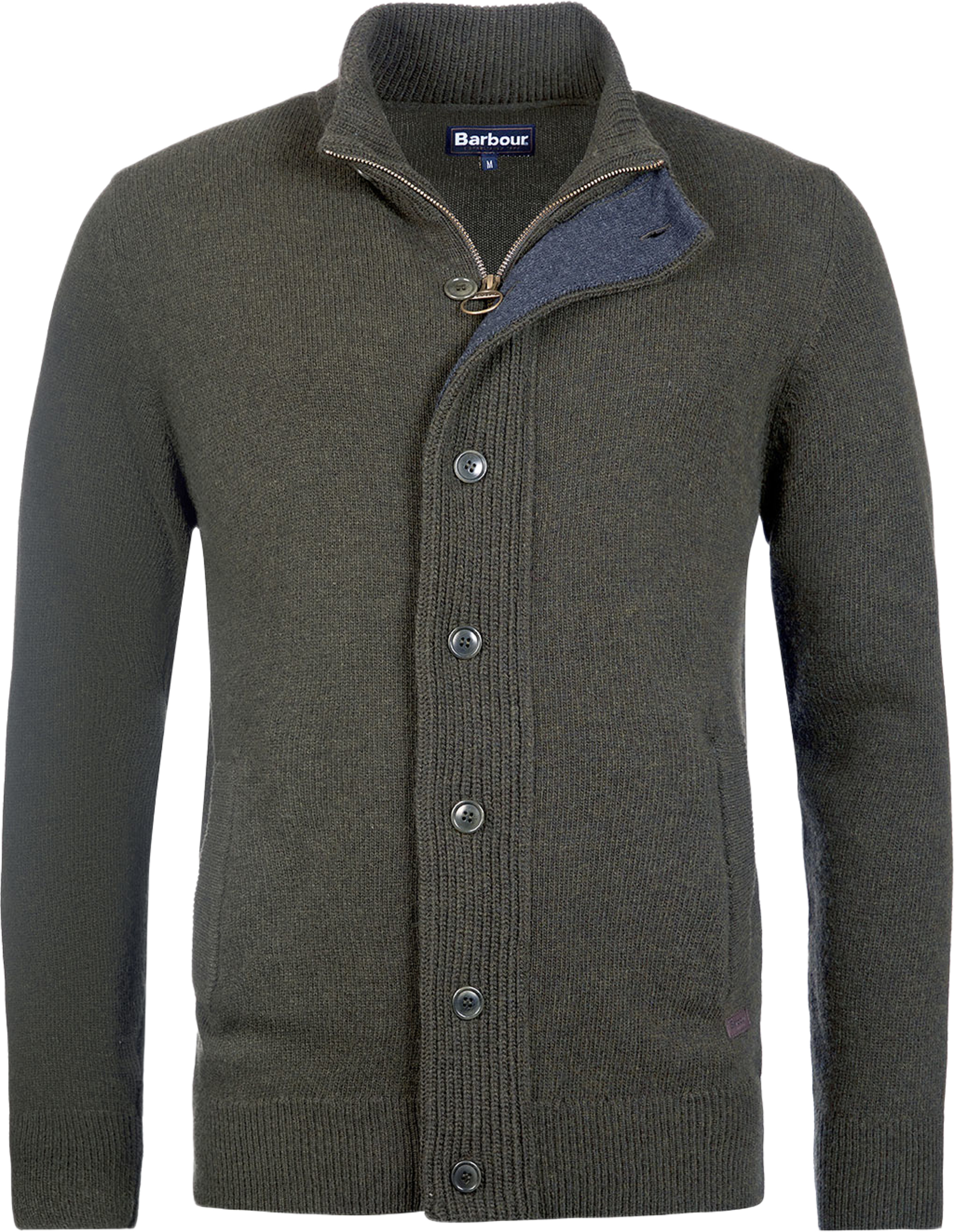 Barbour Essential Patch Zip Through Knitted Jumper, från Barbour, i färgen Seaweed. Klicka för att öppna bilden i stort format
