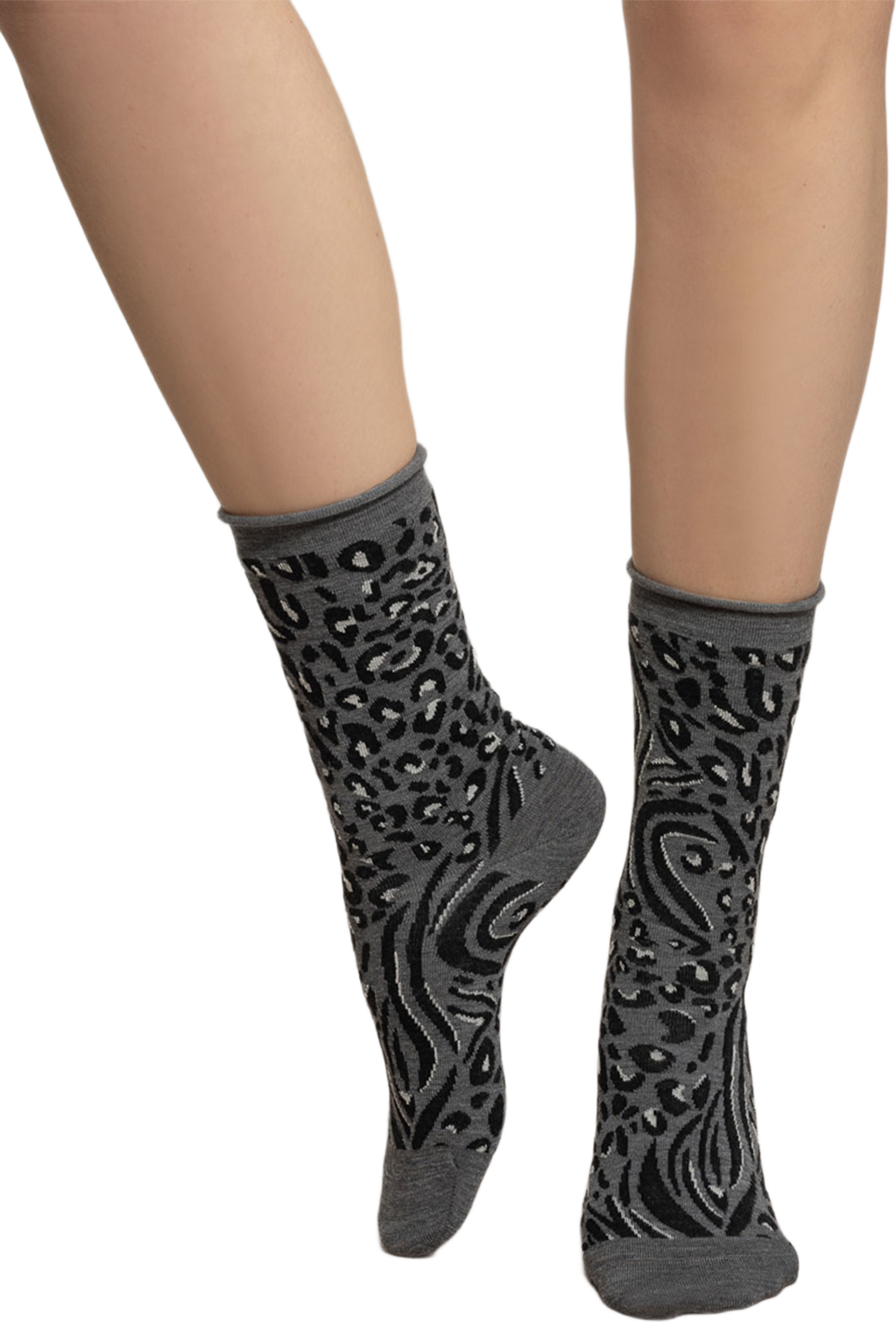 Mönstrad Socka I Merinoull, Roll-Top, från BleuForêt, i färgen Gris Flanelle. Klicka för att öppna bilden i stort format