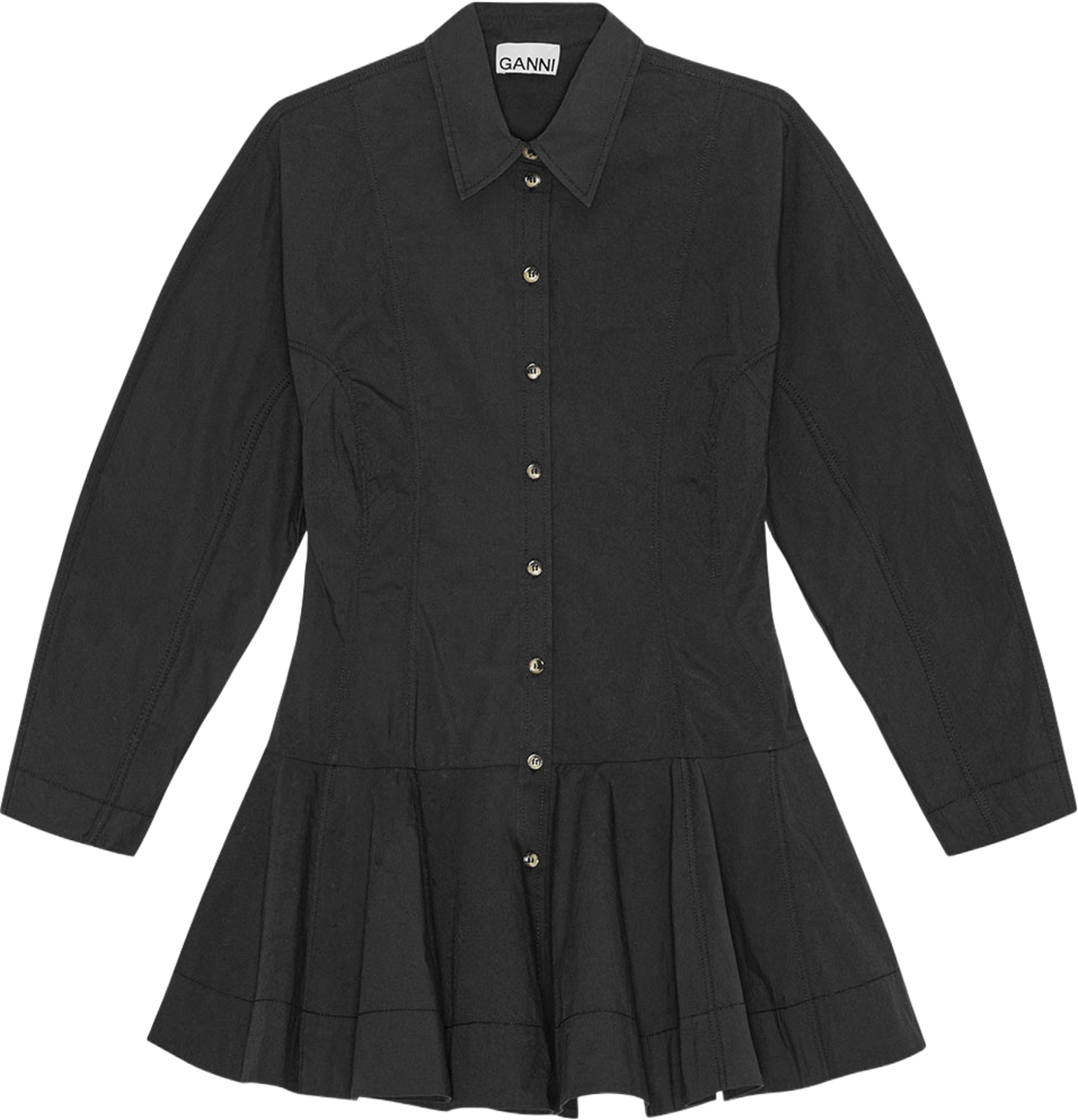 Stretch Cotton Buttoned Mini Dress, från GANNI, i färgen Black. Klicka för att öppna bilden i stort format