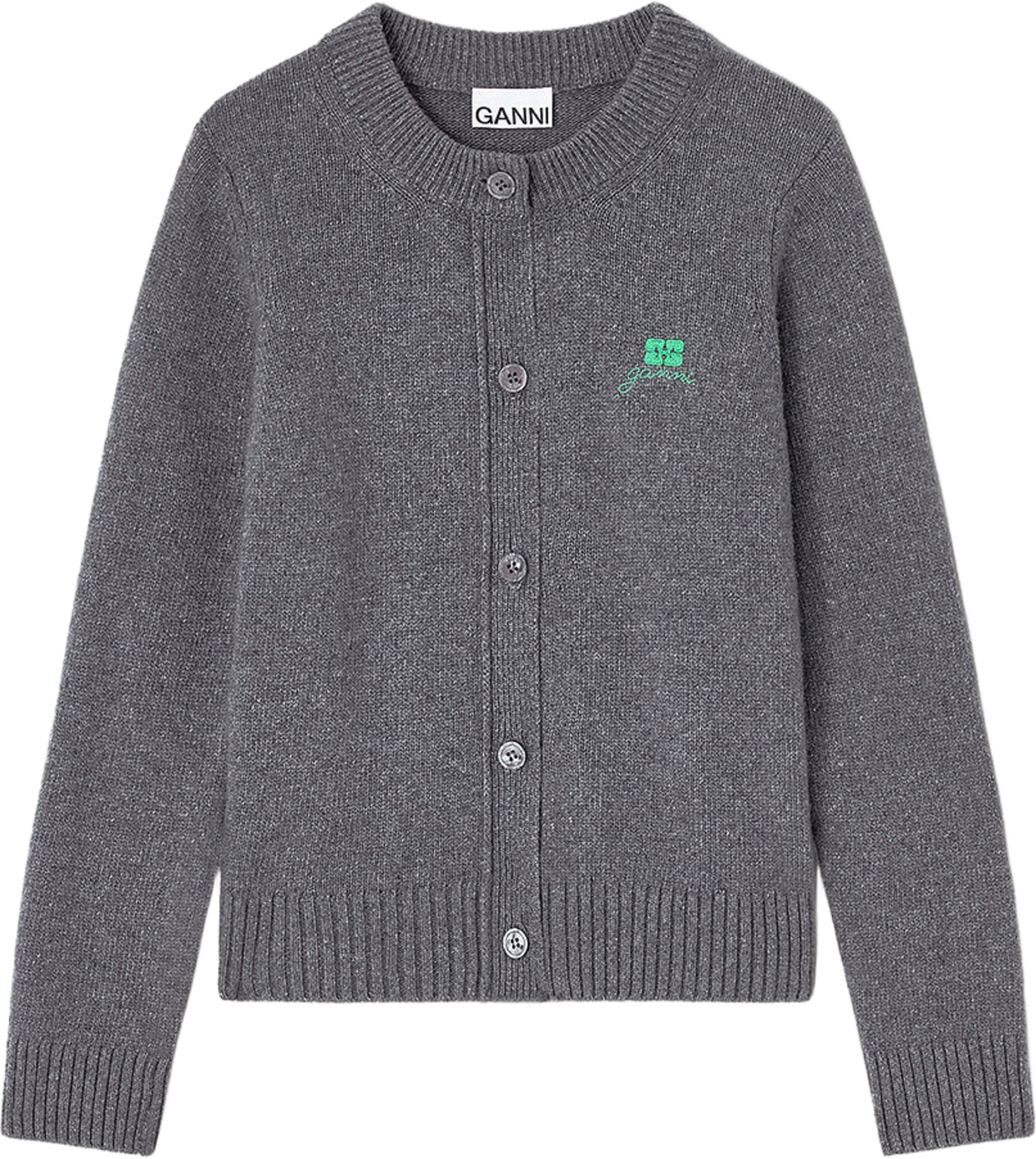 Core Future Wool Mix Cardigan, från GANNI, i färgen Charcoal Grey. Klicka för att öppna bilden i stort format