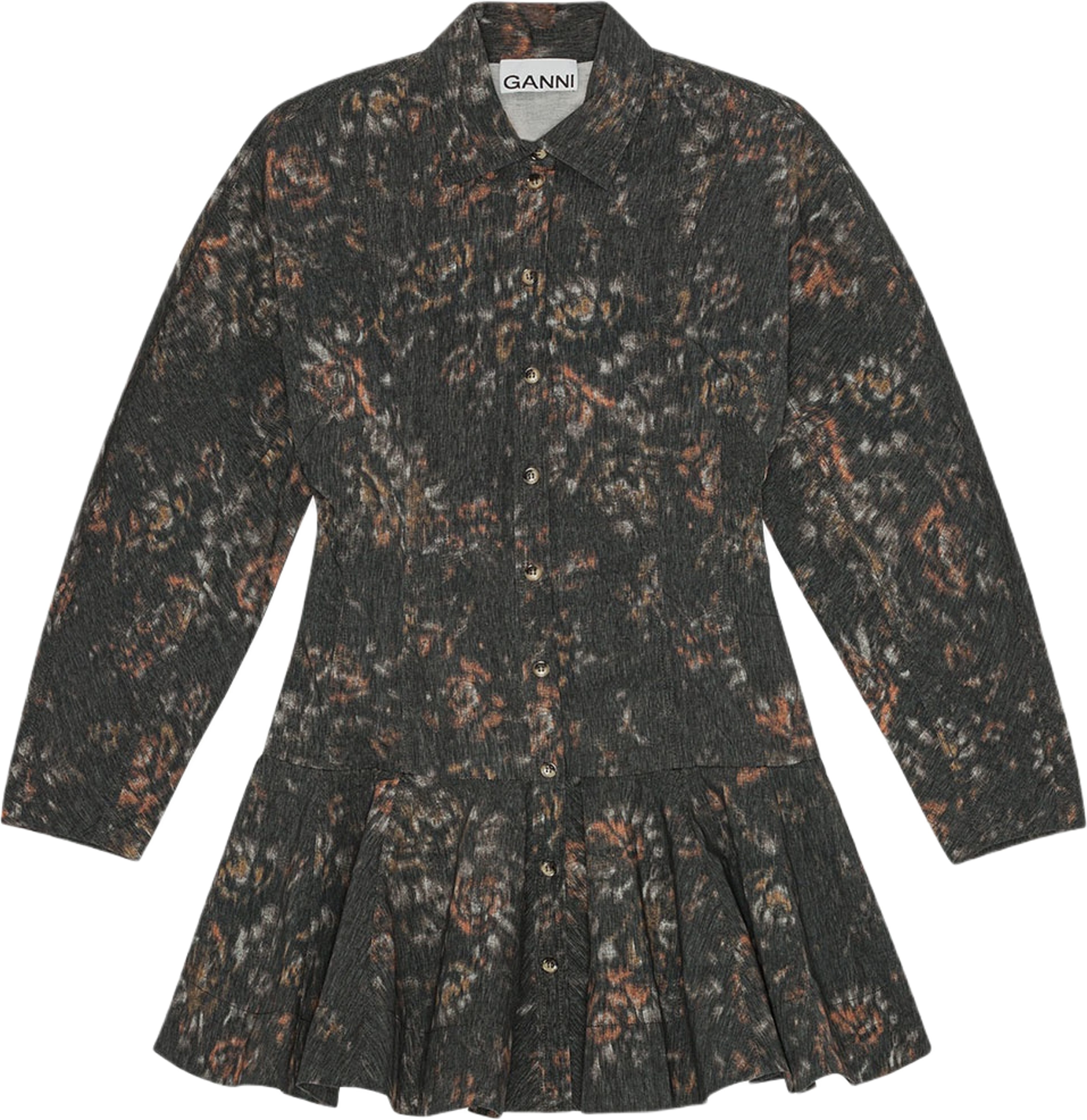 Printed Stretch Cotton Buttoned Mini Dress, från GANNI, i färgen Phantom.