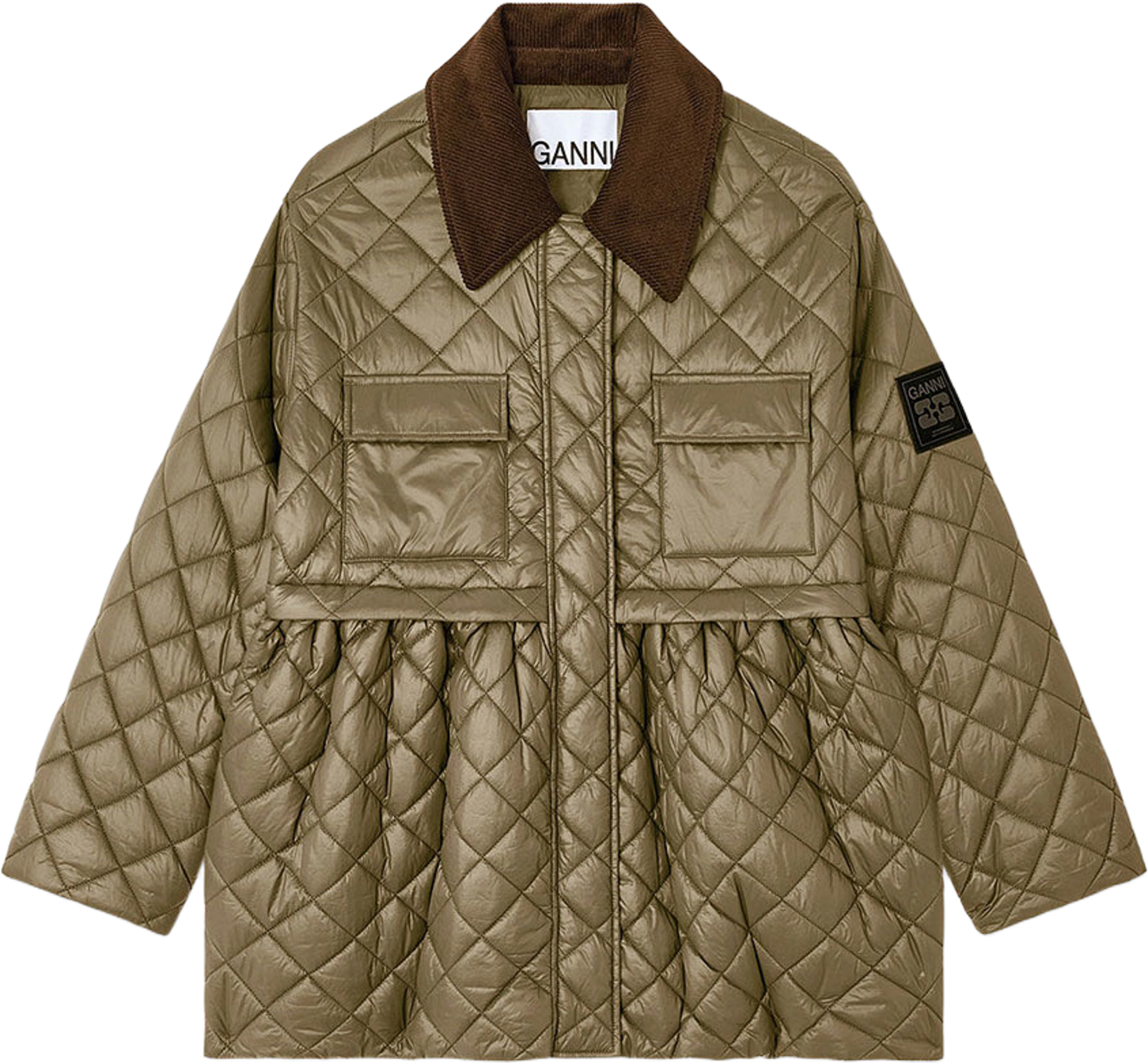 Shiny Quilt Midi Jacket w. Flare, från GANNI, i färgen Kalamata. Klicka för att öppna bilden i stort format