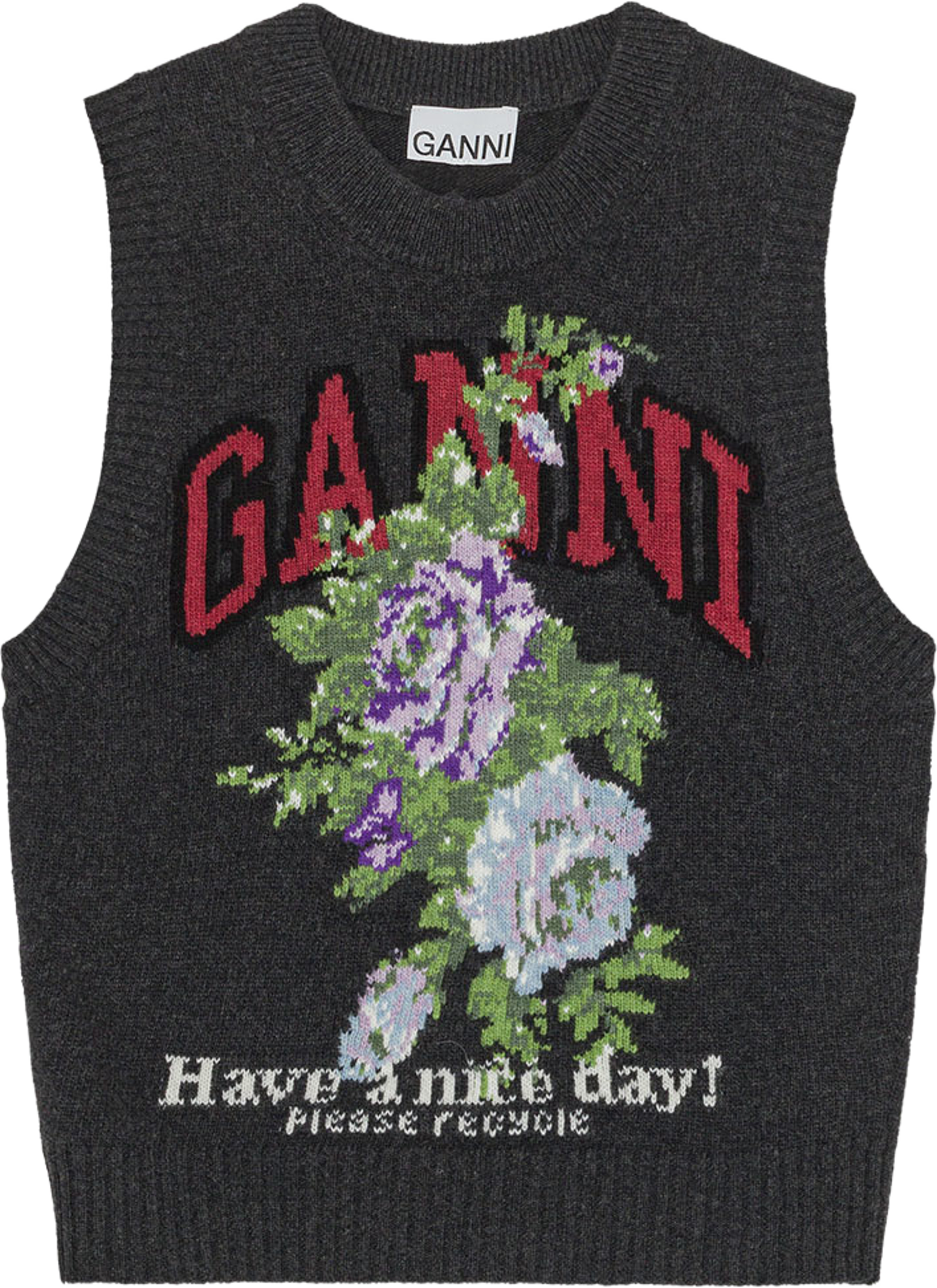 Graphic Wool Mix Flowers Vest, från GANNI, i färgen Phantom. Klicka för att öppna bilden i stort format