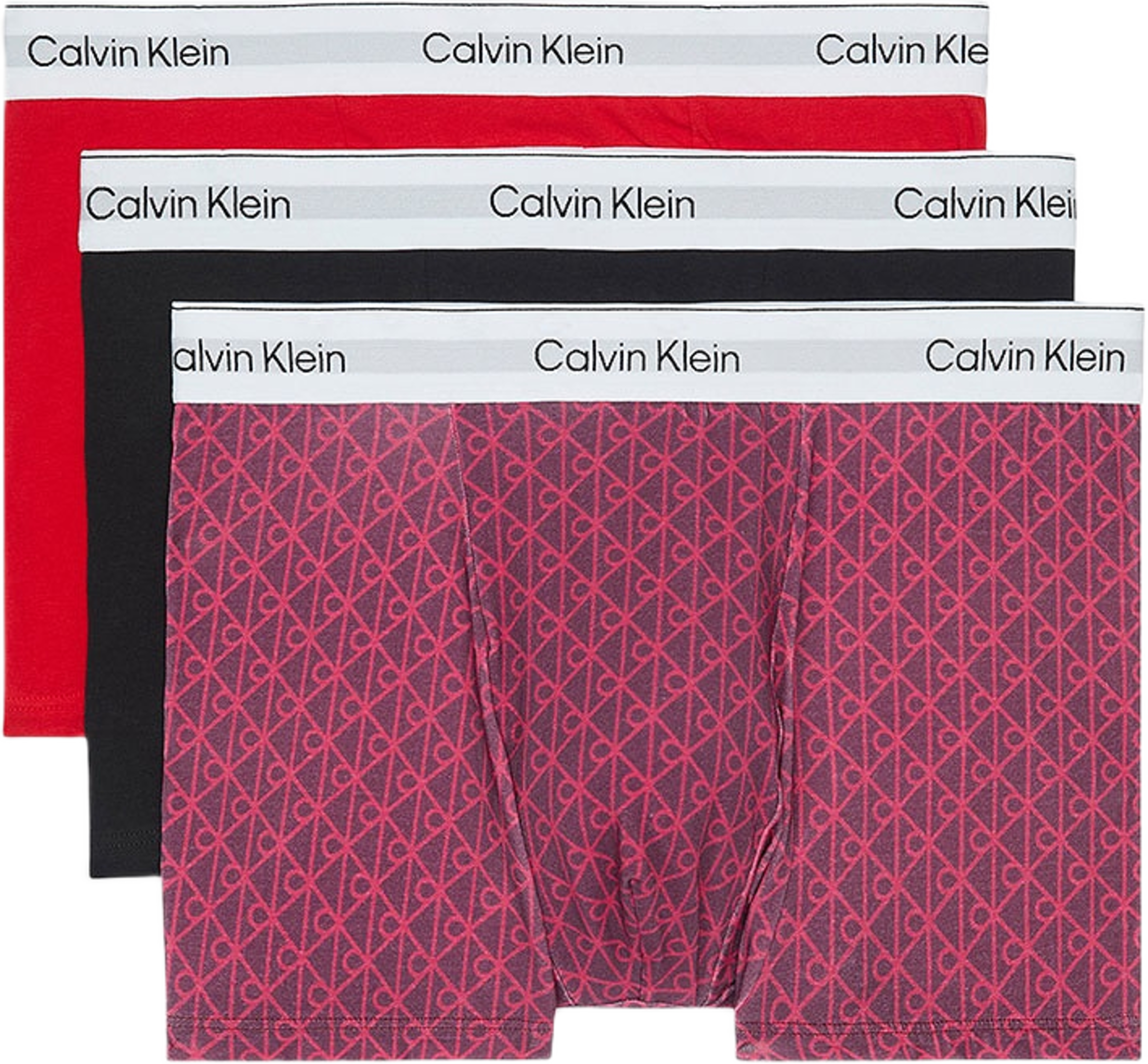 3 Pack Relaxed Trunks - Icon Cotton Stretch, från Calvin Klein, i färgen Black/Seamless Emblem_dark Berry/Ad. Klicka för att öppna bilden i stort format