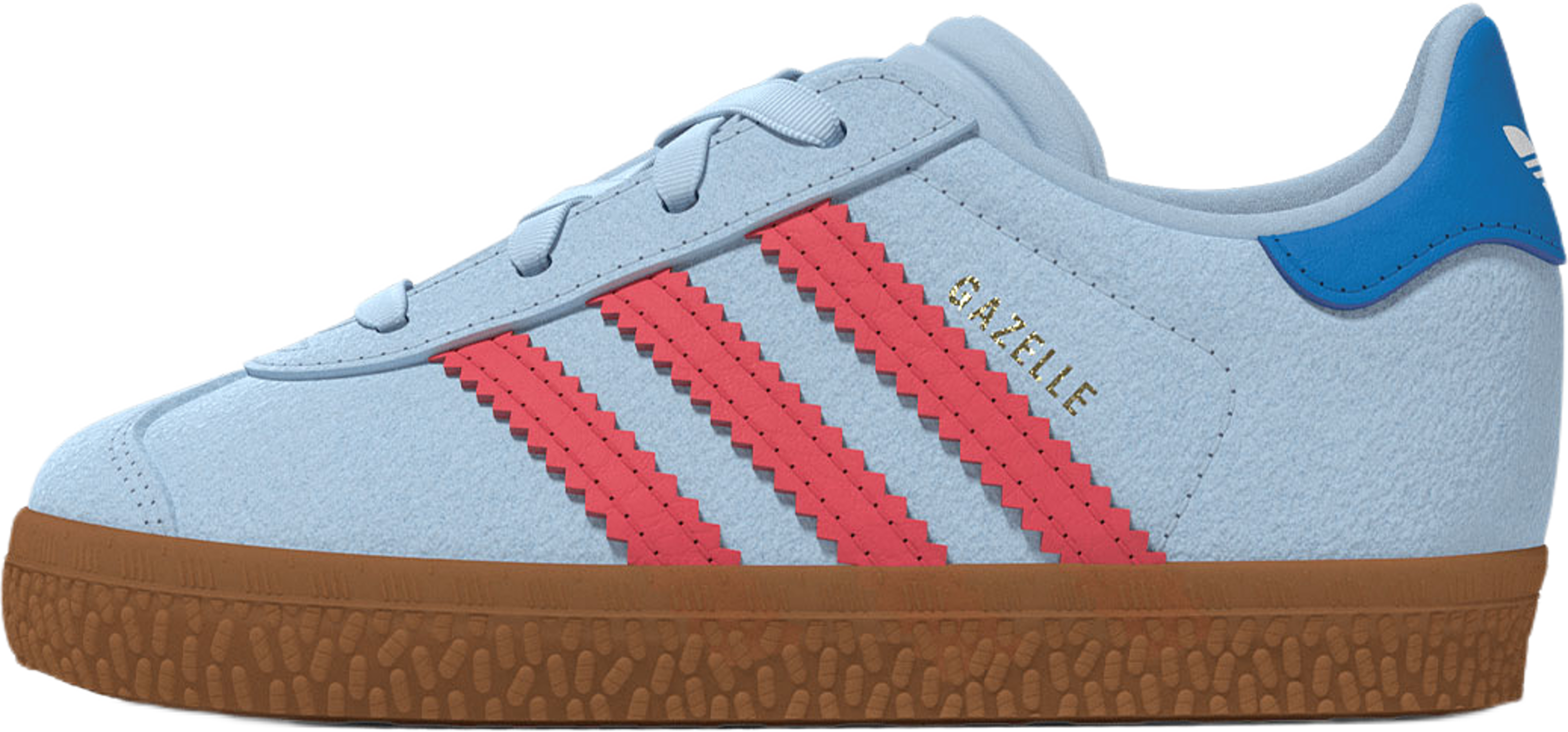 Barnskor Gazelle med elastiska snören och komfort, från Adidas Originals, i färgen Crsk/Selure/Blubir. Klicka för att öppna bilden i stort format