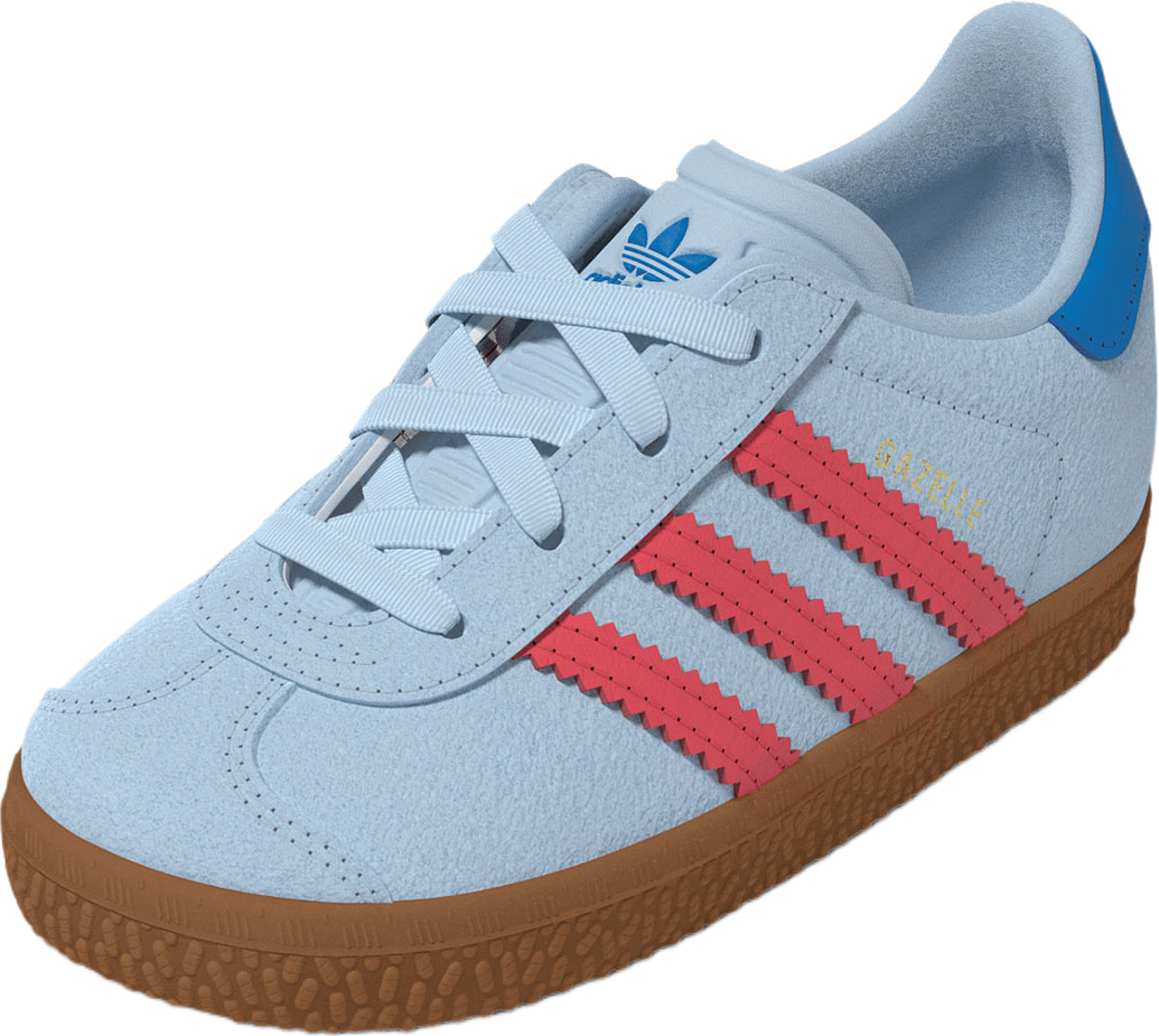 Barnskor Gazelle med elastiska snören och komfort, från Adidas Originals, i färgen Crsk/Selure/Blubir. Klicka för att öppna bilden i stort format