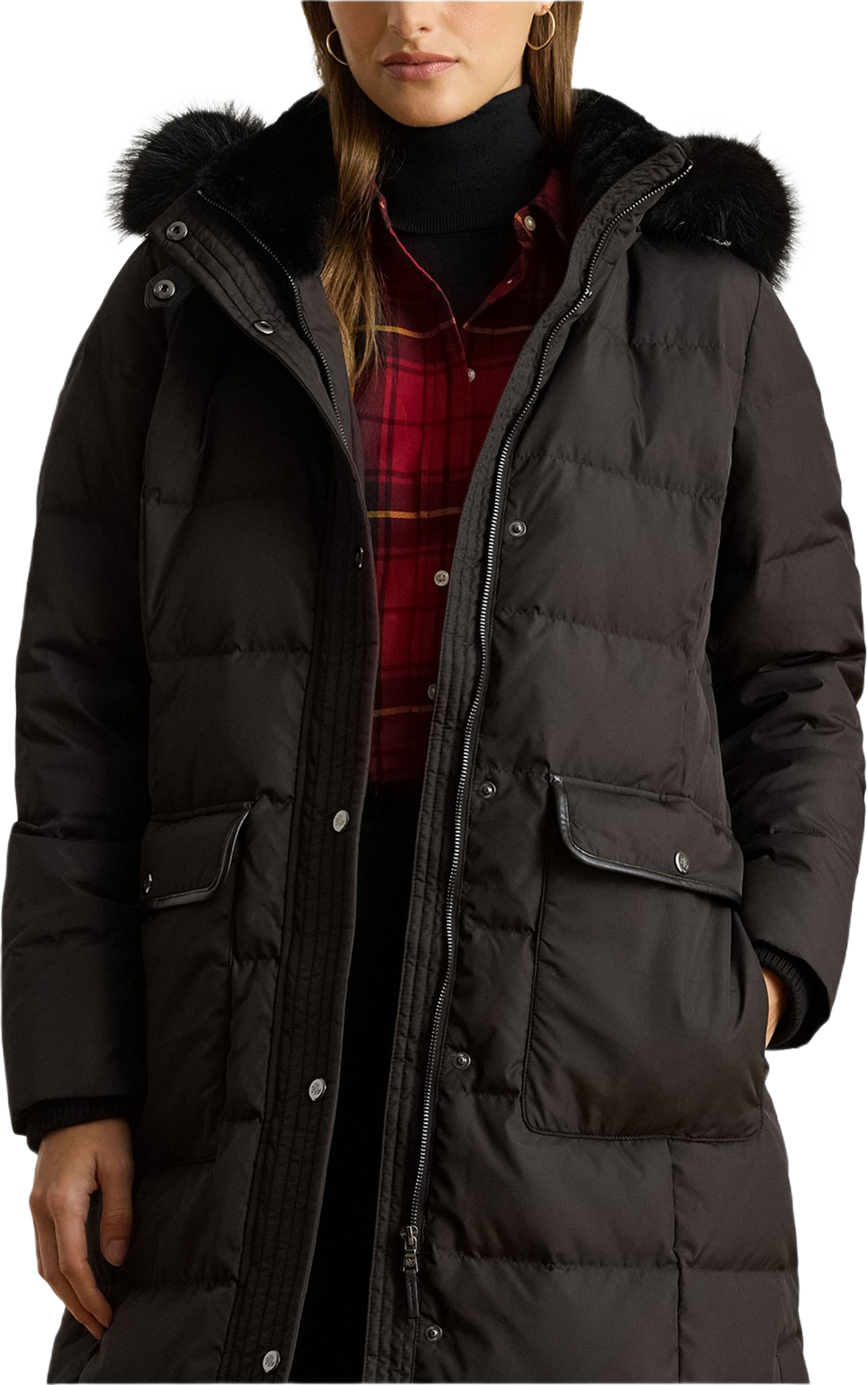 Faux-Fur-Trim Quilted Down Maxicoat, från Lauren Ralph Lauren, i färgen Black.