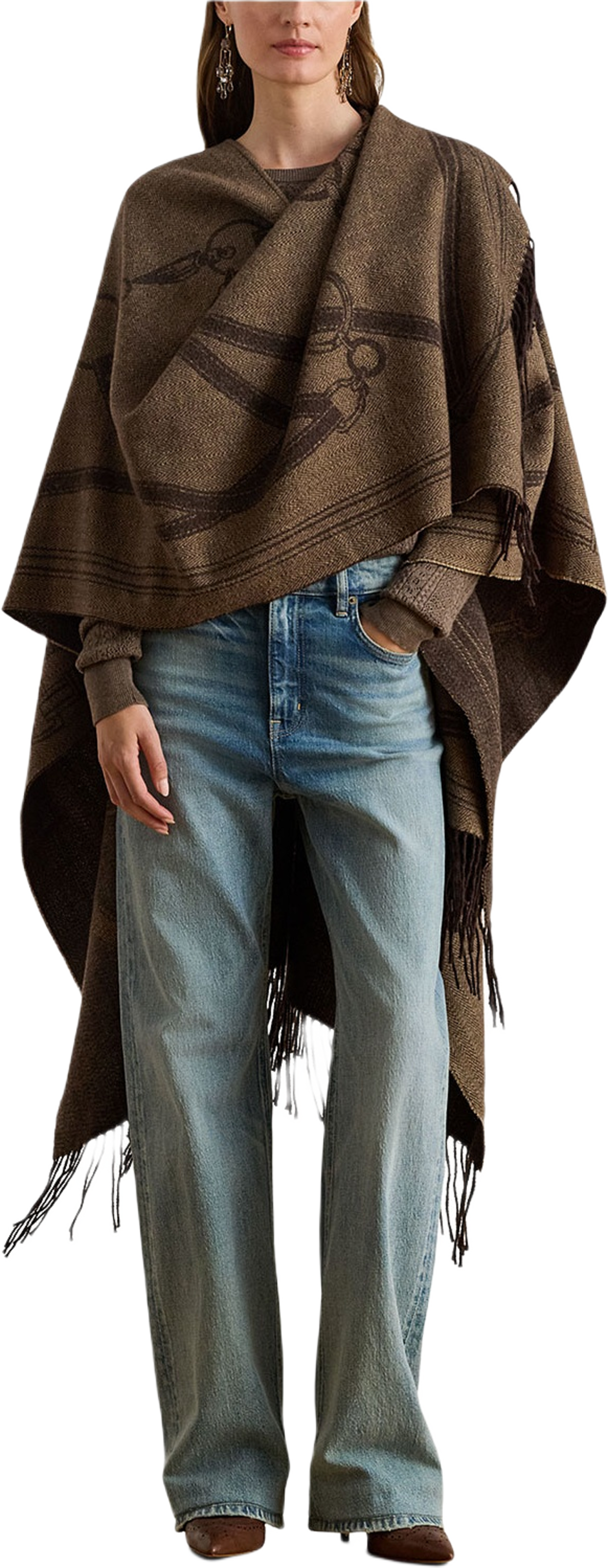 Logo & Belting-Motif Jacquard Ruana, från Lauren Ralph Lauren, i färgen Camel/Brown.