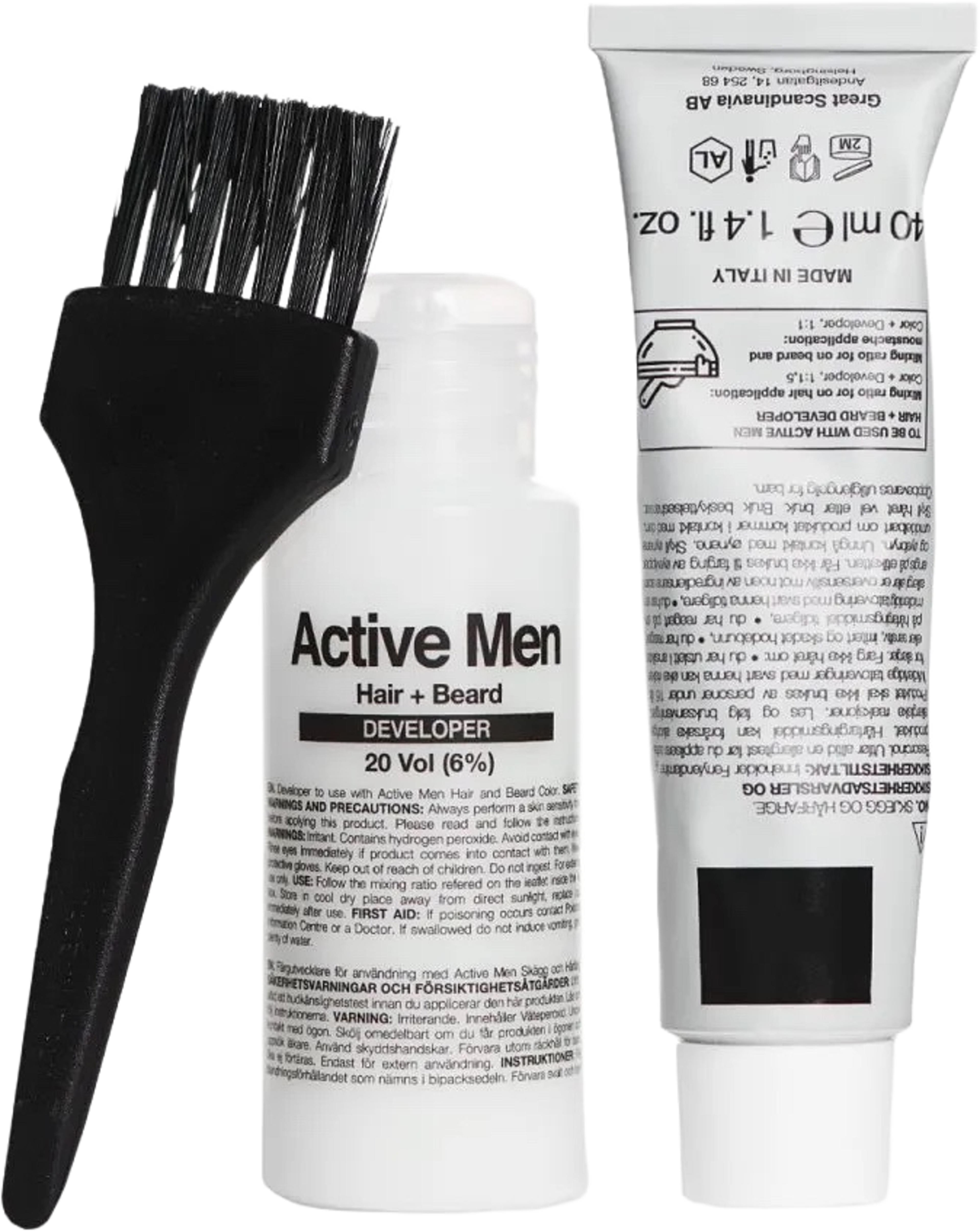 Skäggfärg och hårfärg, från Active Men, i färgen Brown. Klicka för att öppna bilden i stort format