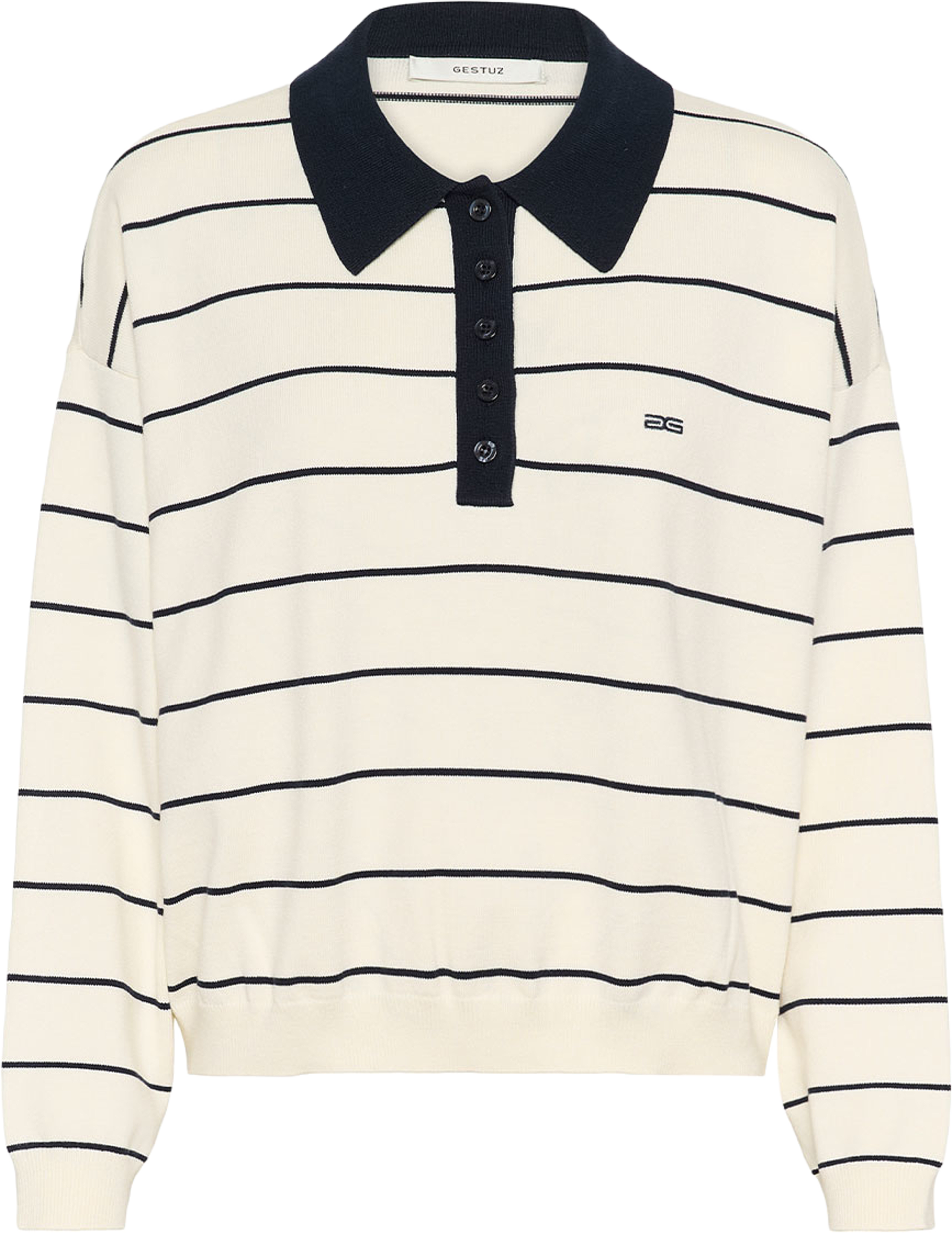 GZtaige polo pullover, från Gestuz, i färgen Egret/Skycaptain Striped. Klicka för att öppna bilden i stort format