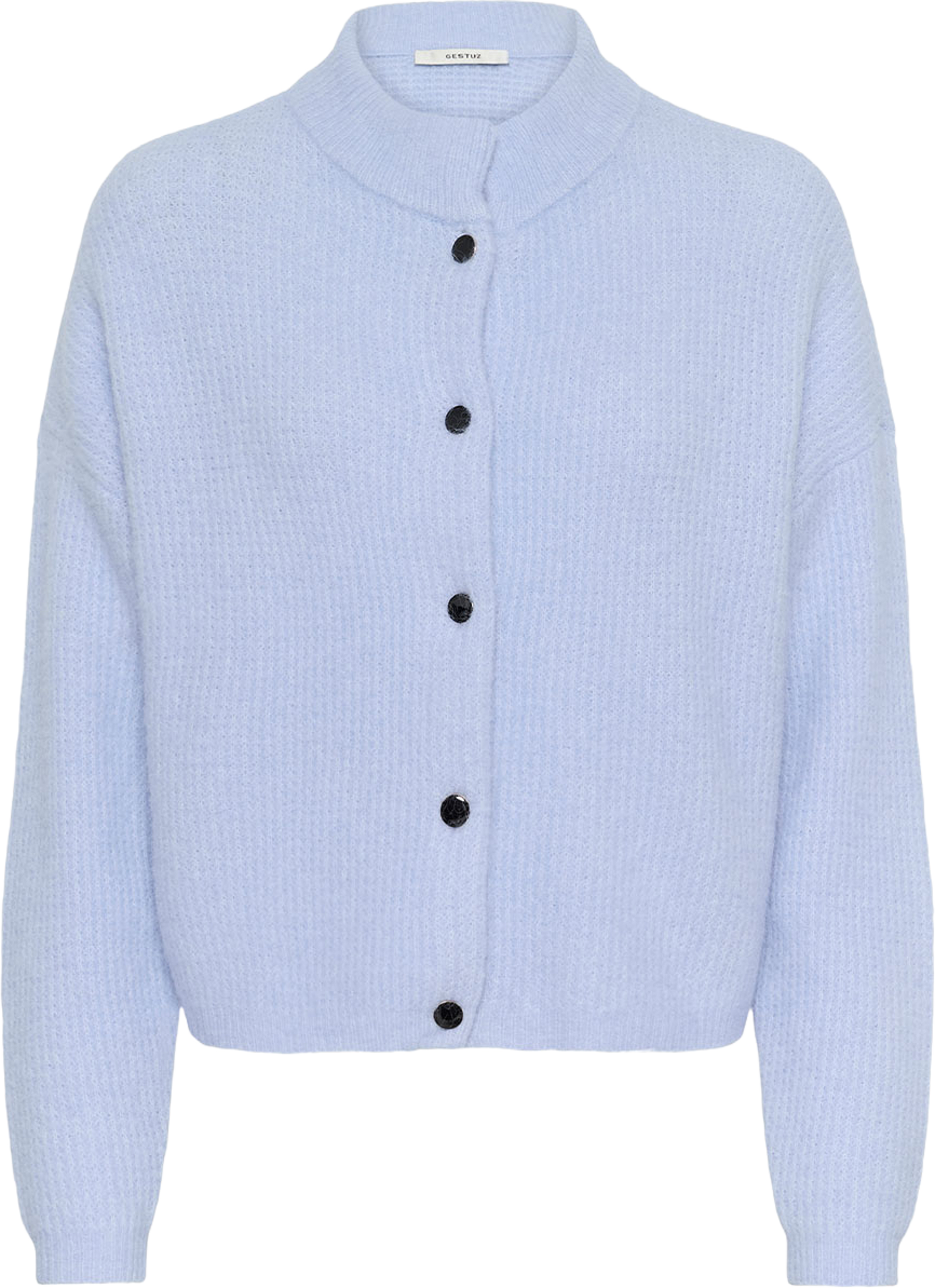 AlphaGZ Short Cardigan, från Gestuz, i färgen Centaurea Mélange. Klicka för att öppna bilden i stort format