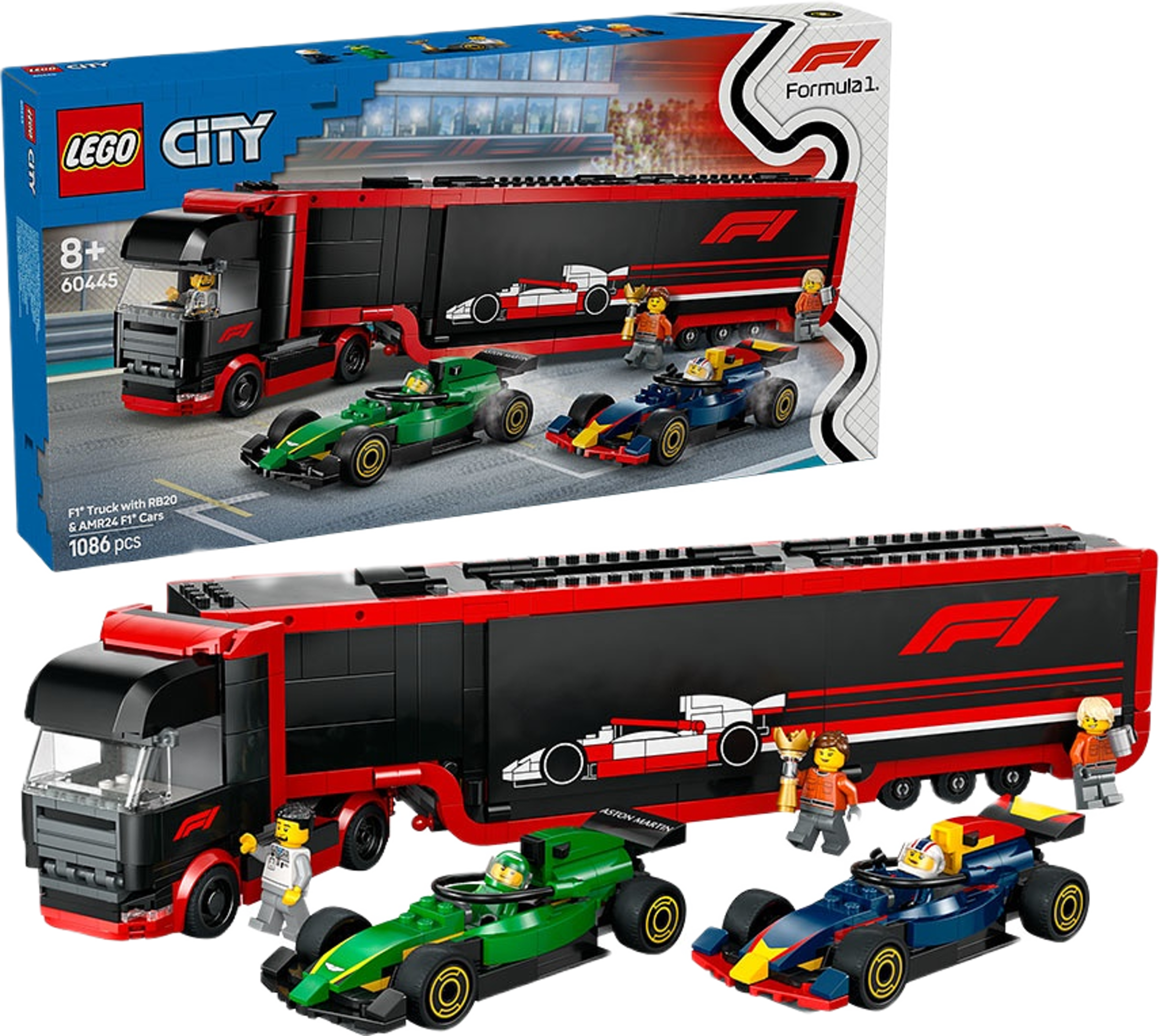 City F1 lastbil med RB20 & AMR24 F1 bilar 60445, från LEGO.