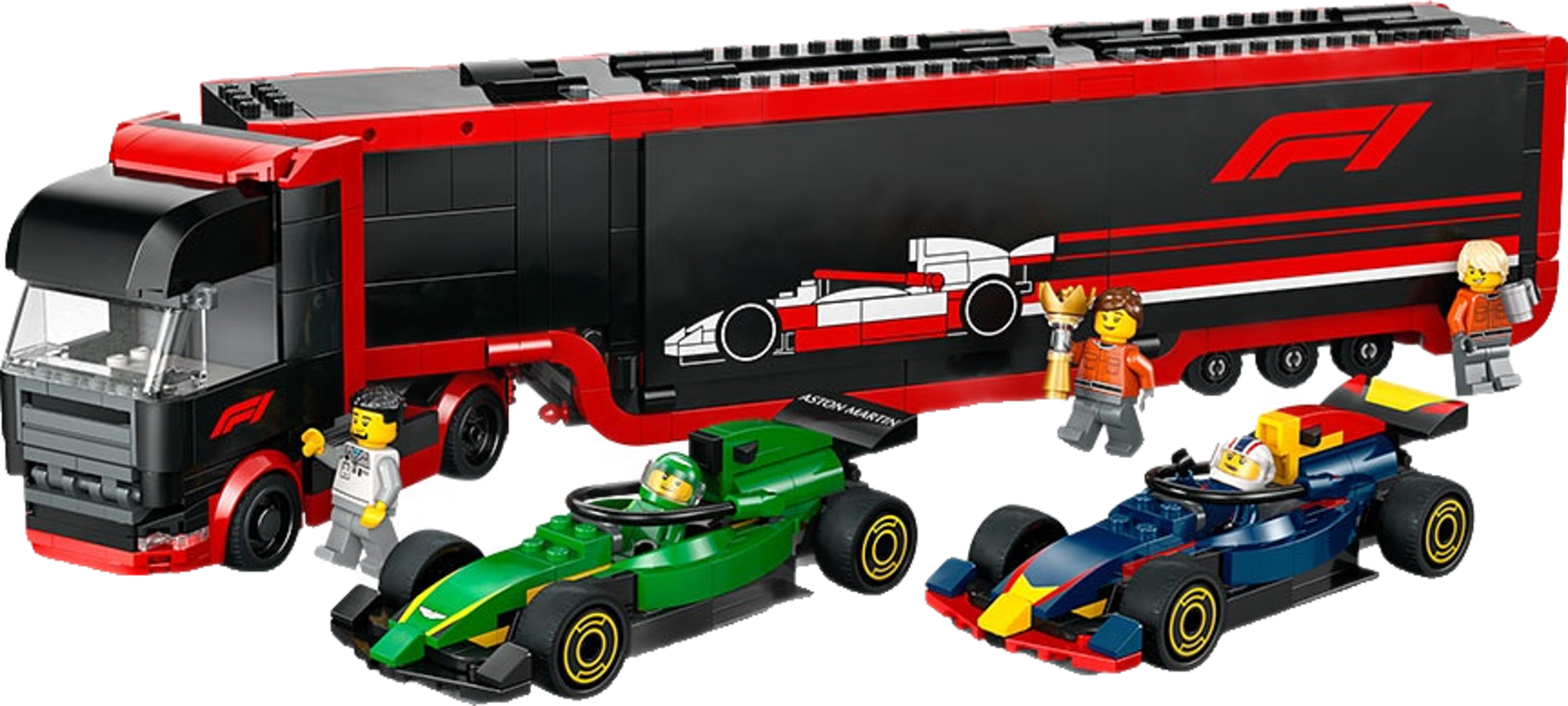 City F1 lastbil med RB20 & AMR24 F1 bilar 60445, från LEGO.