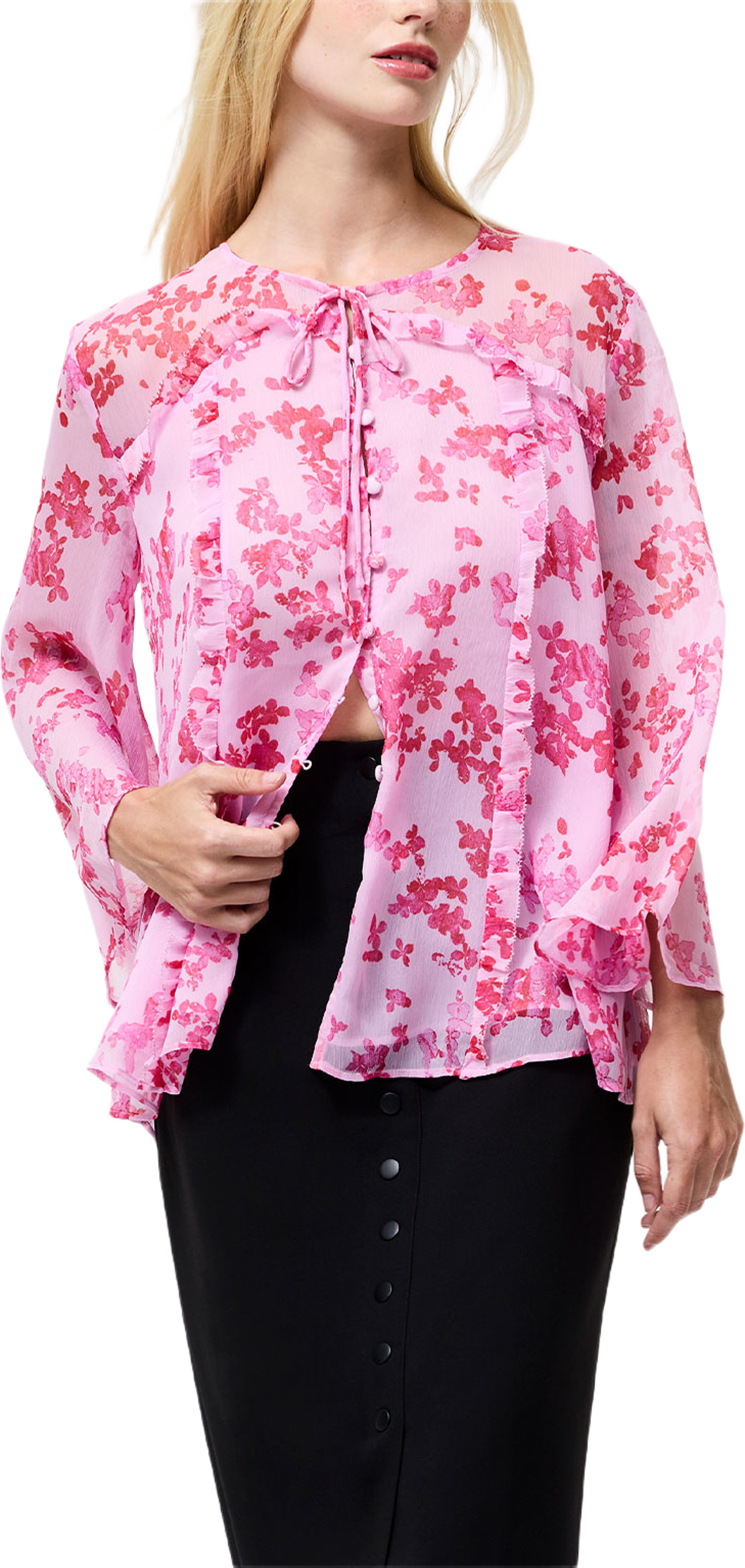 Isla Hallie Crinkle Tie Neck Top, från French Connection, i färgen Violet Pink Multi. Klicka för att öppna bilden i stort format