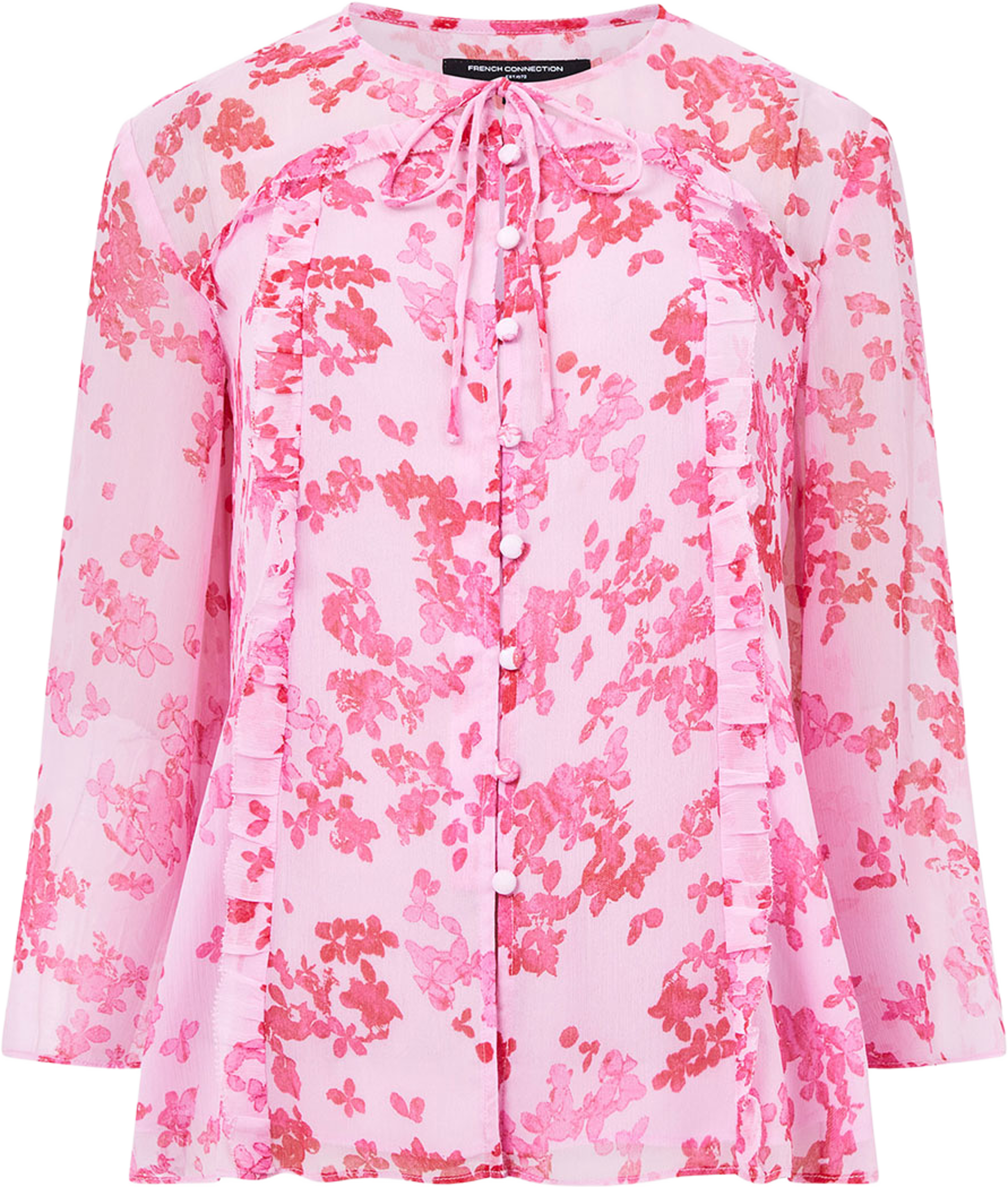 Isla Hallie Crinkle Tie Neck Top, från French Connection, i färgen Violet Pink Multi. Klicka för att öppna bilden i stort format