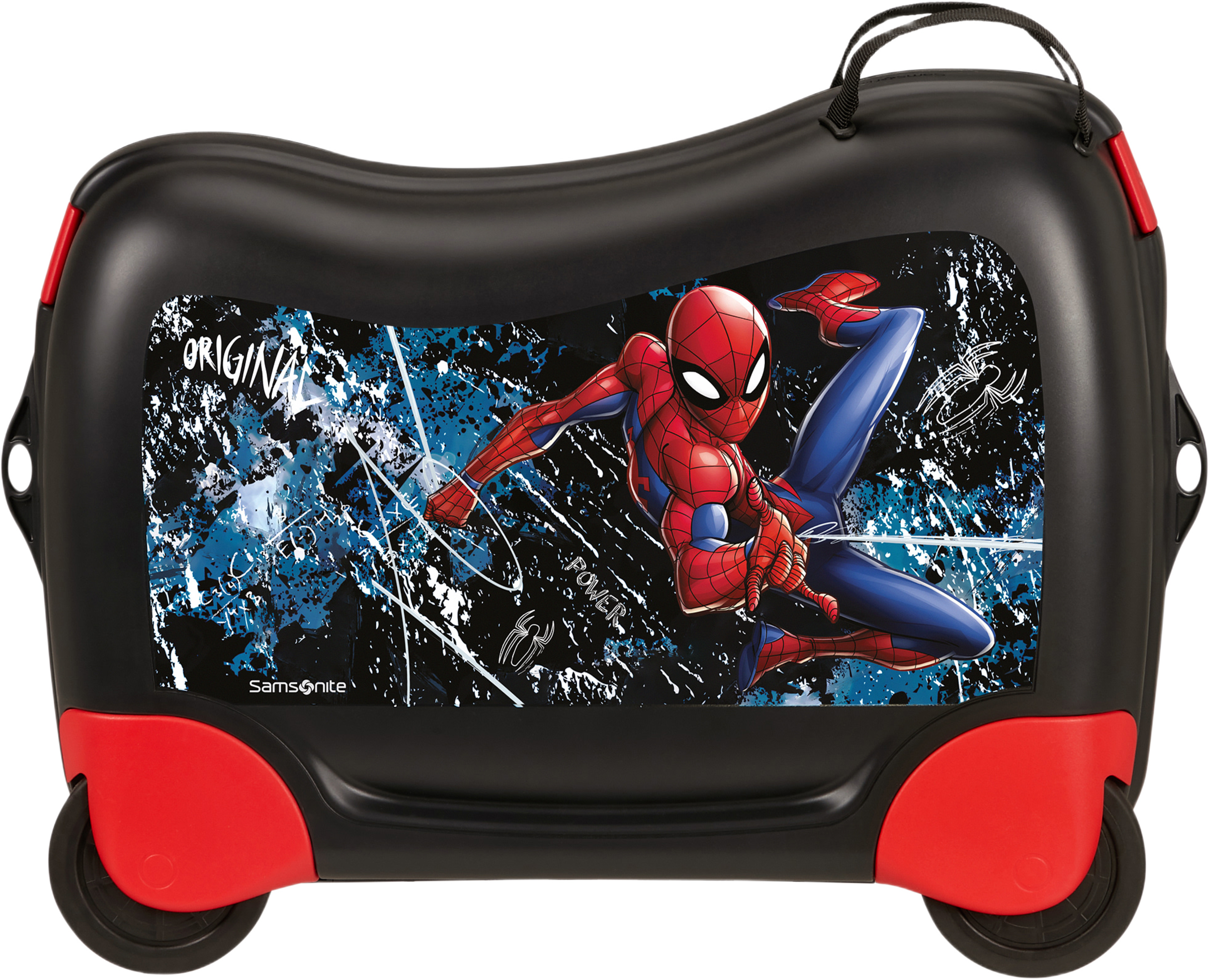 Resväska Spiderman, från American Tourister, i färgen Ride-on Marvel. Klicka för att öppna bilden i stort format