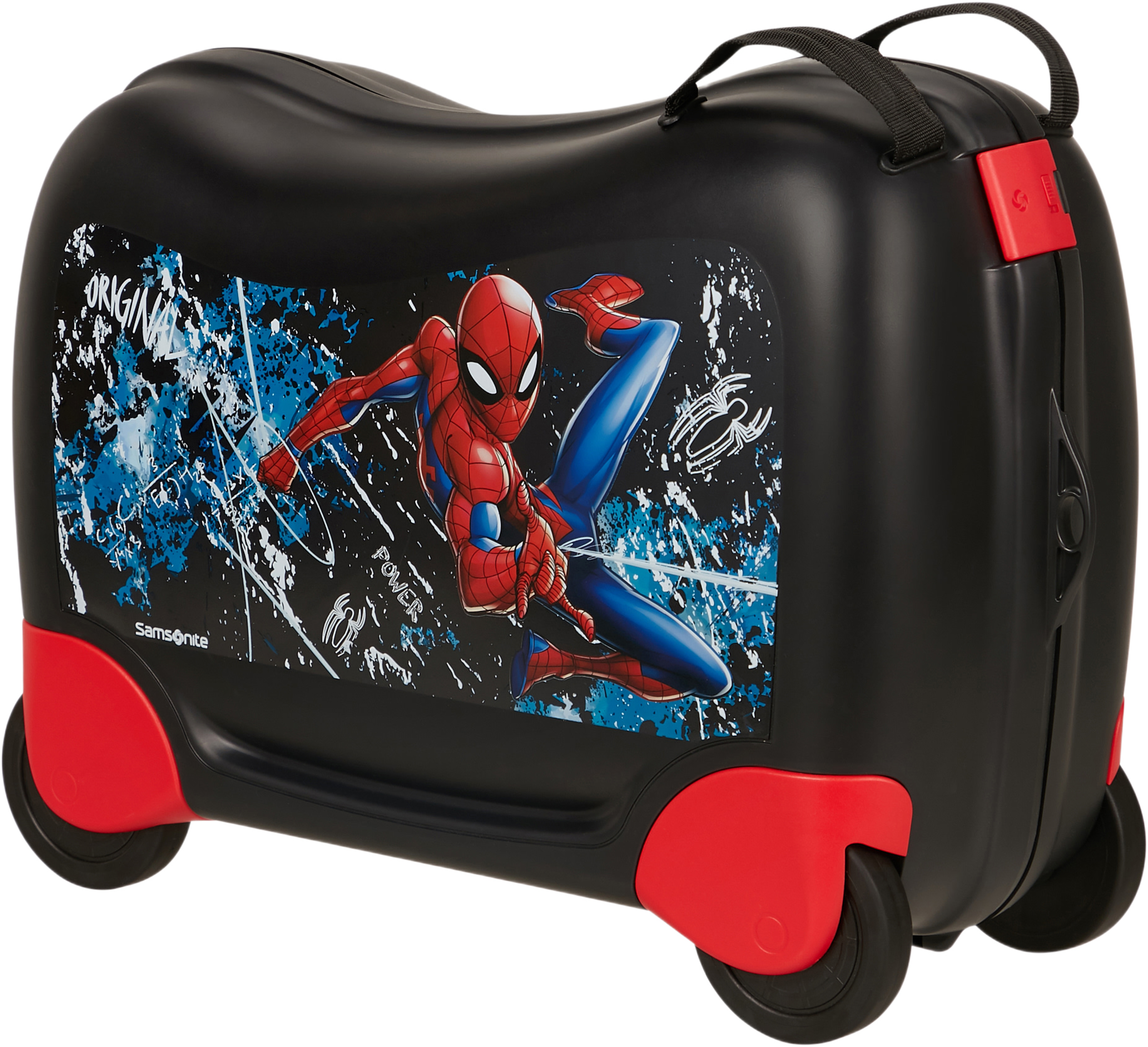 Resväska Spiderman, från American Tourister, i färgen Ride-on Marvel. Klicka för att öppna bilden i stort format